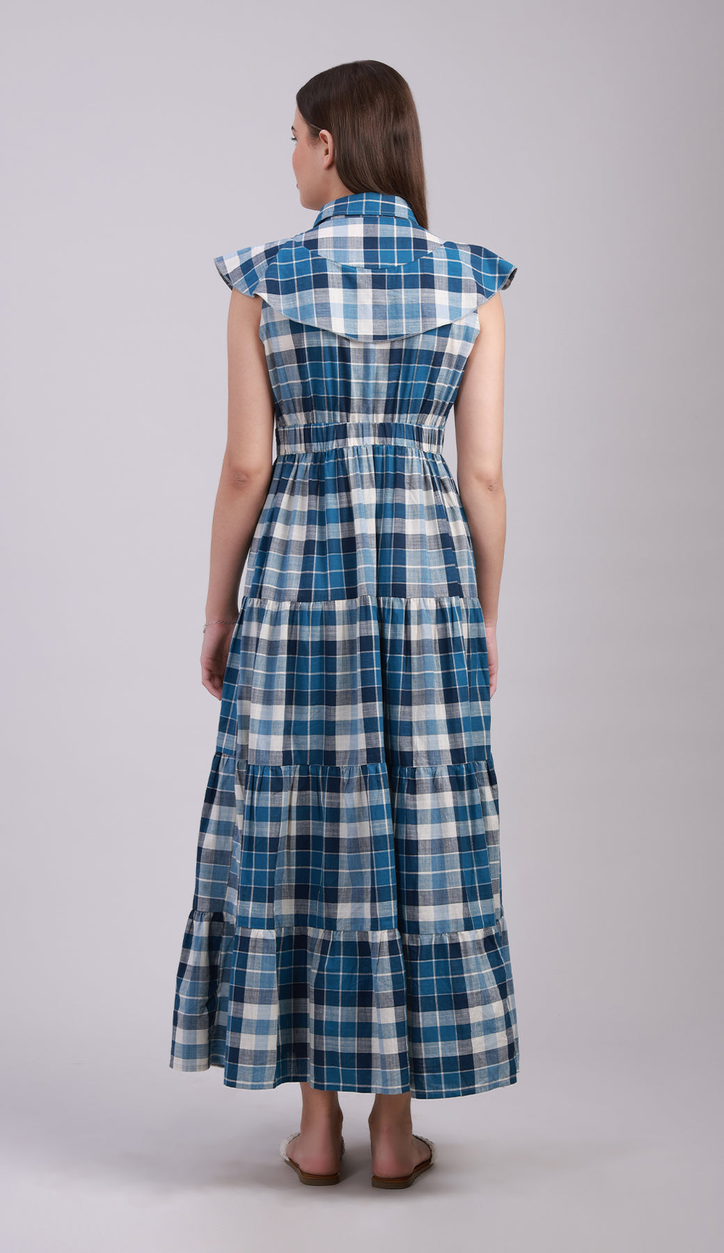 Women’s Blue Check Maxi Dress with 4-Tier Long Double Collar -3078