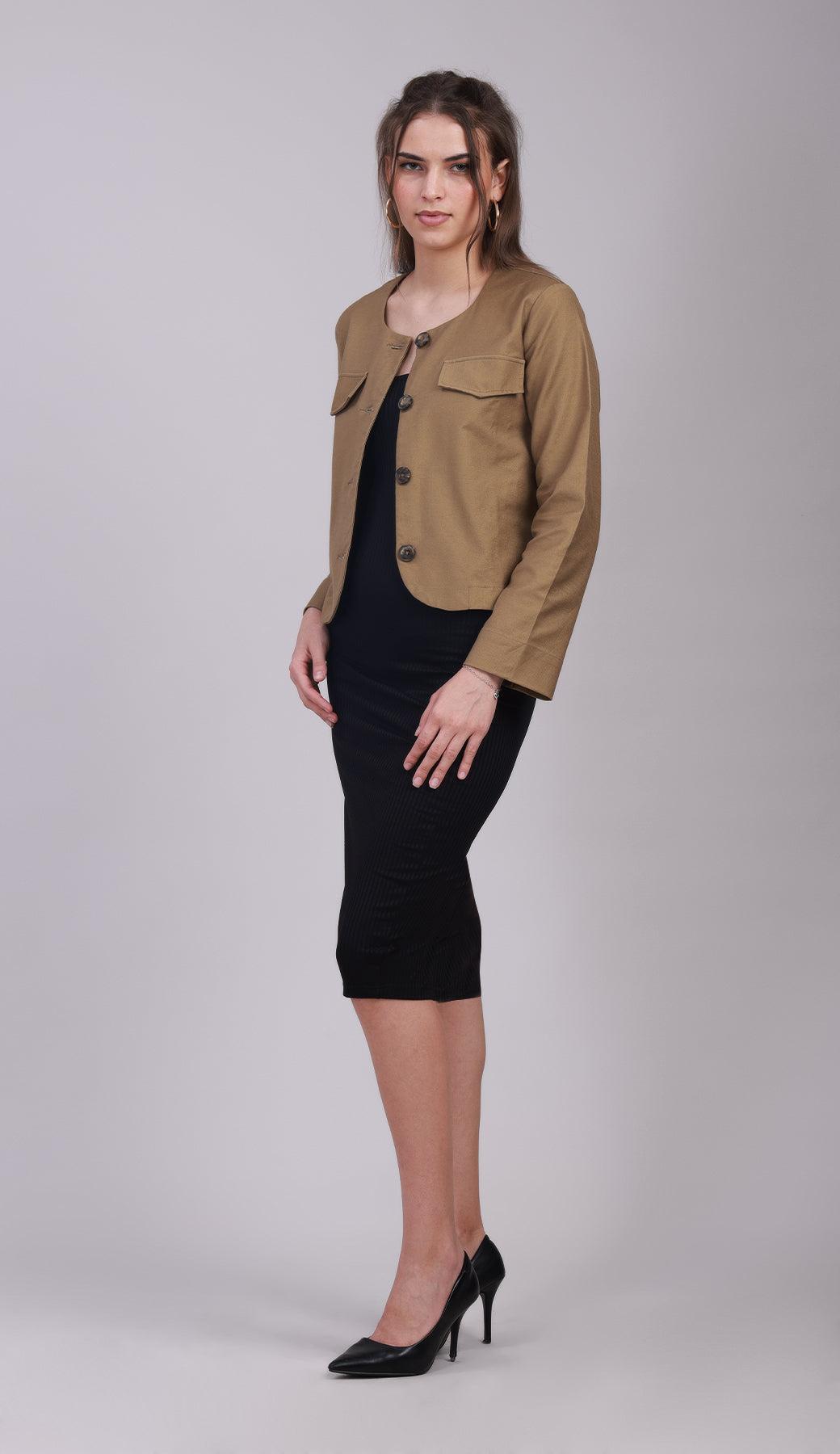 Brown Full-Sleeve Button-Up Jacket with Pockets- 3070