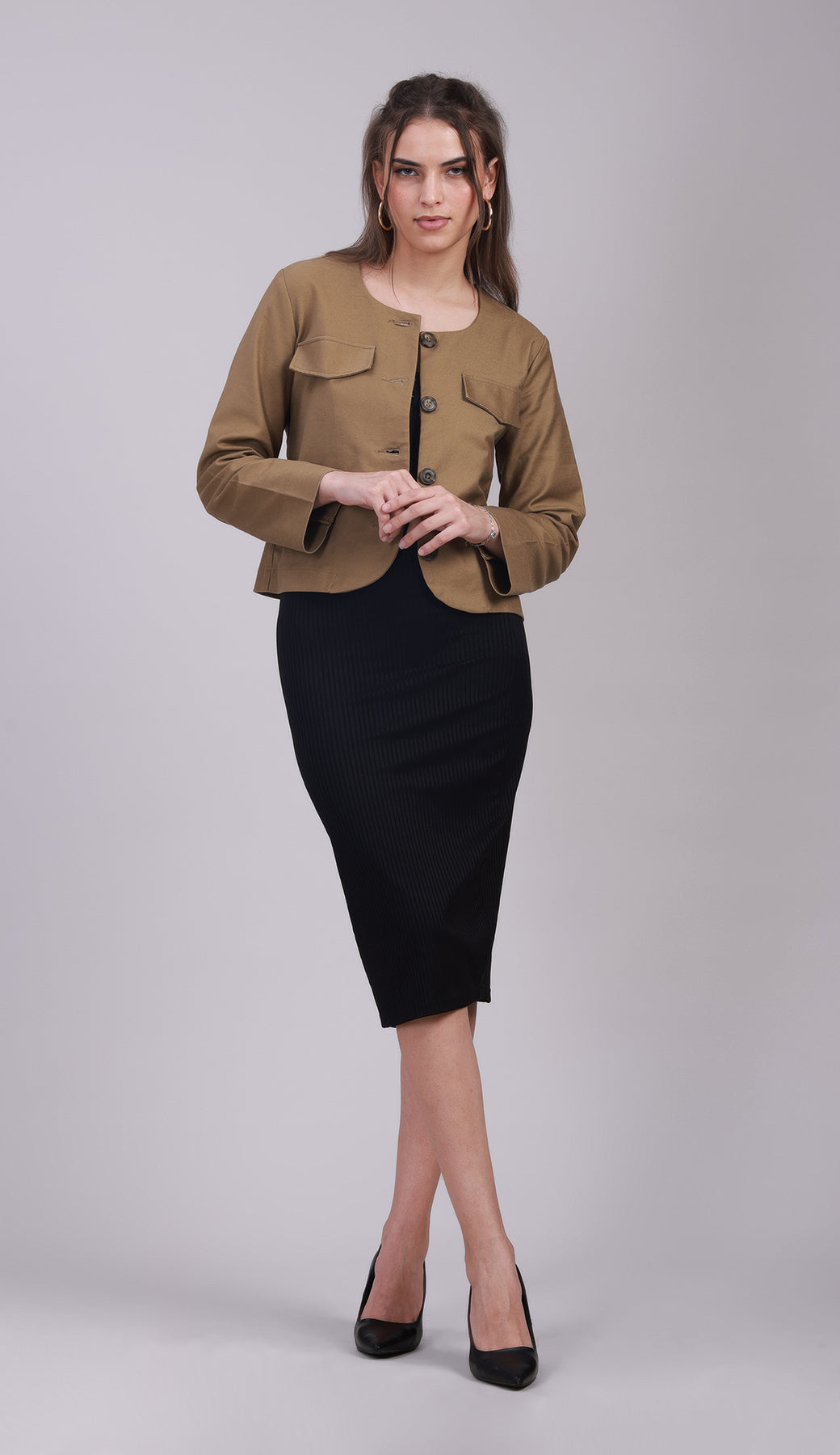 Brown Full-Sleeve Button-Up Jacket with Pockets- 3070