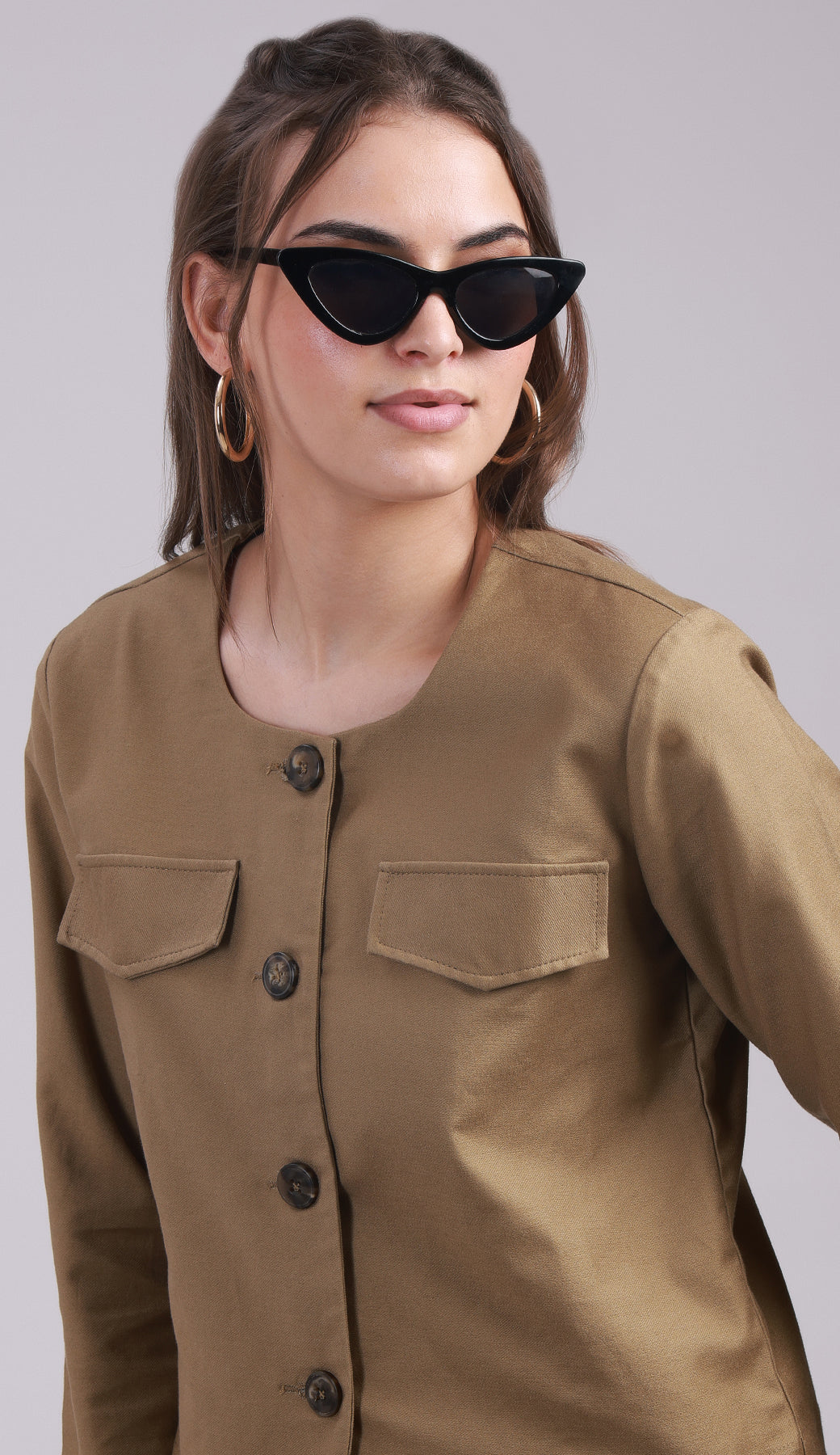 Brown Full-Sleeve Button-Up Jacket with Pockets- 3070