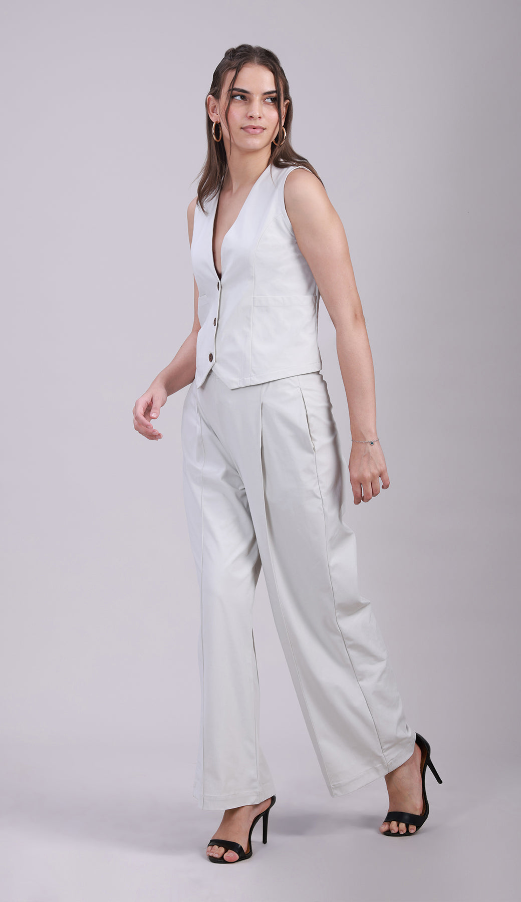 Off-White V-neck vest with Korean pants Co-ord set - 3077