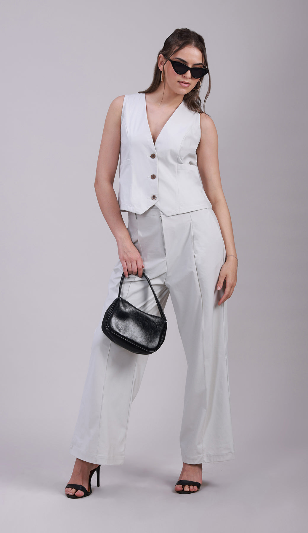 Off-White V-neck vest with Korean pants Co-ord set - 3077