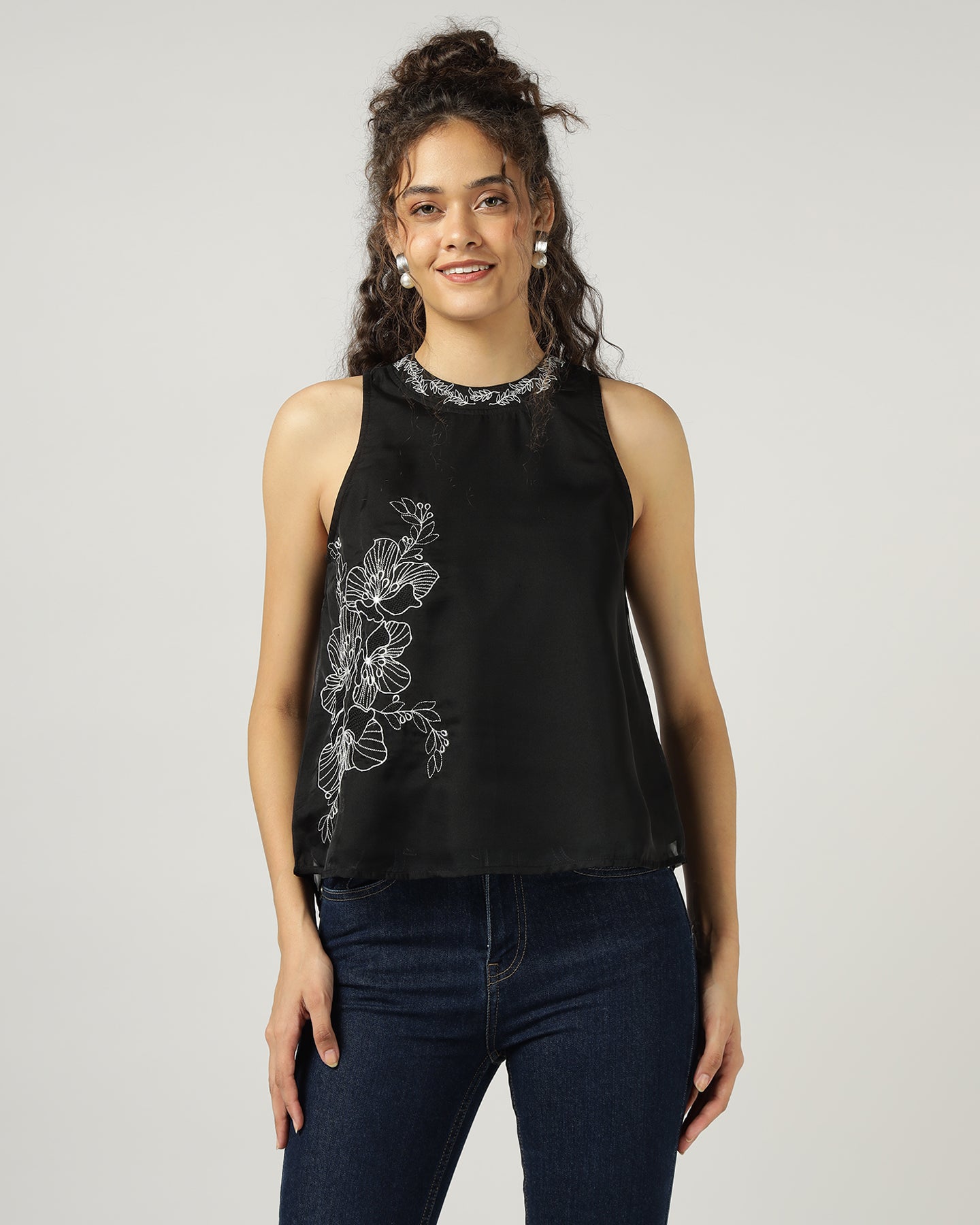 BLACK HALTER NECK ORGANZA TOP WITH FLORAL EMBROIDERY - 3054