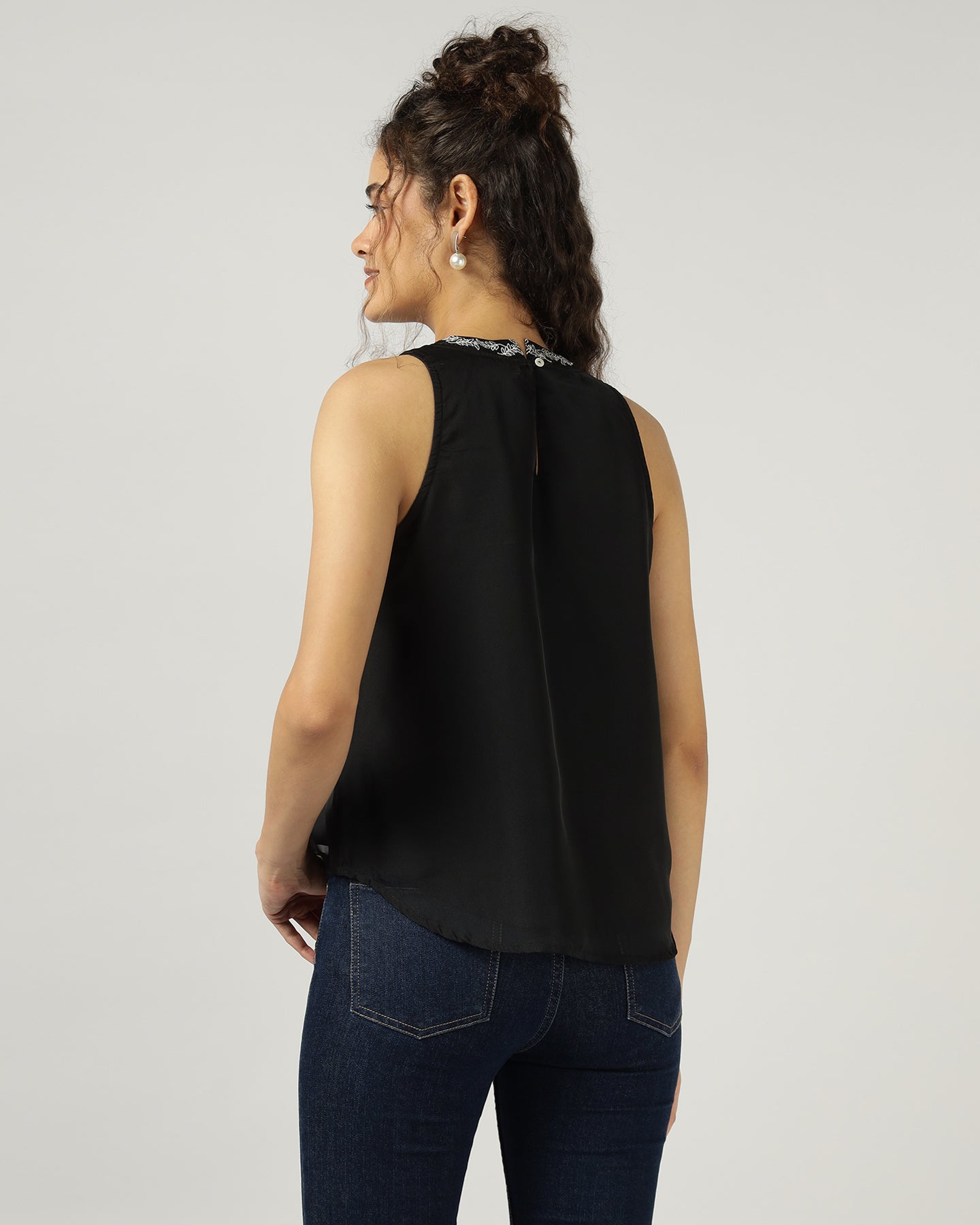 BLACK HALTER NECK ORGANZA TOP WITH FLORAL EMBROIDERY - 3054