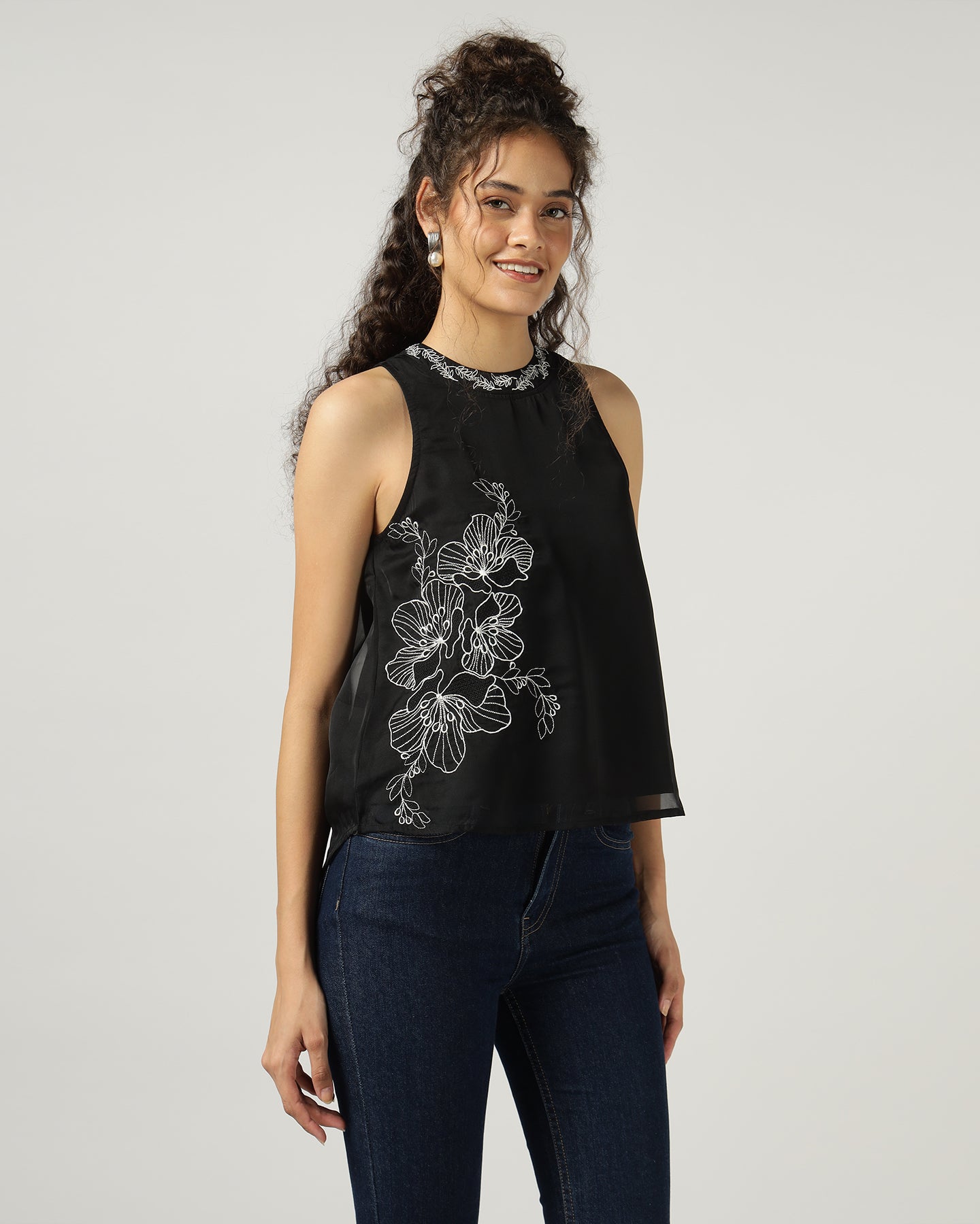 BLACK HALTER NECK ORGANZA TOP WITH FLORAL EMBROIDERY - 3054