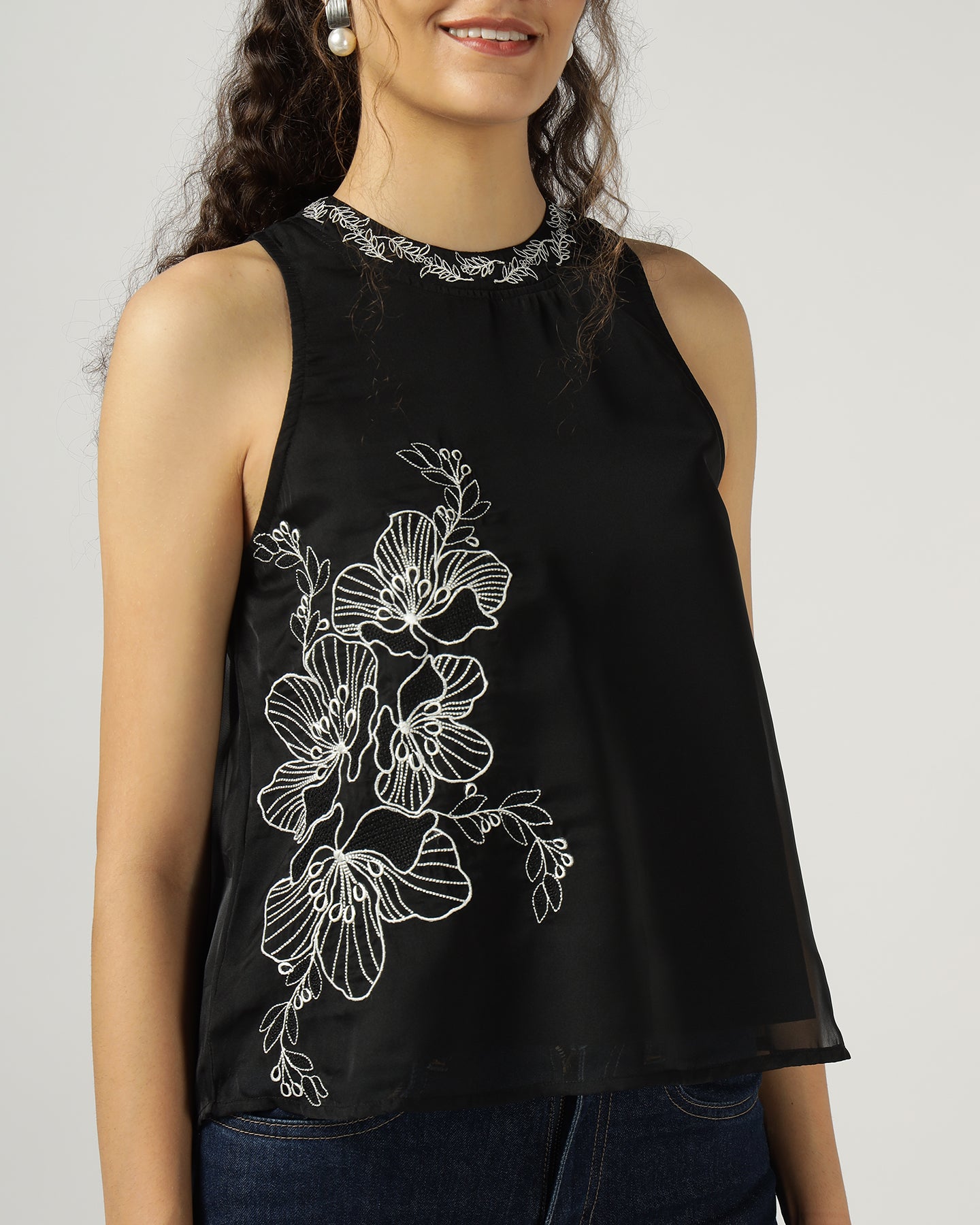 BLACK HALTER NECK ORGANZA TOP WITH FLORAL EMBROIDERY - 3054