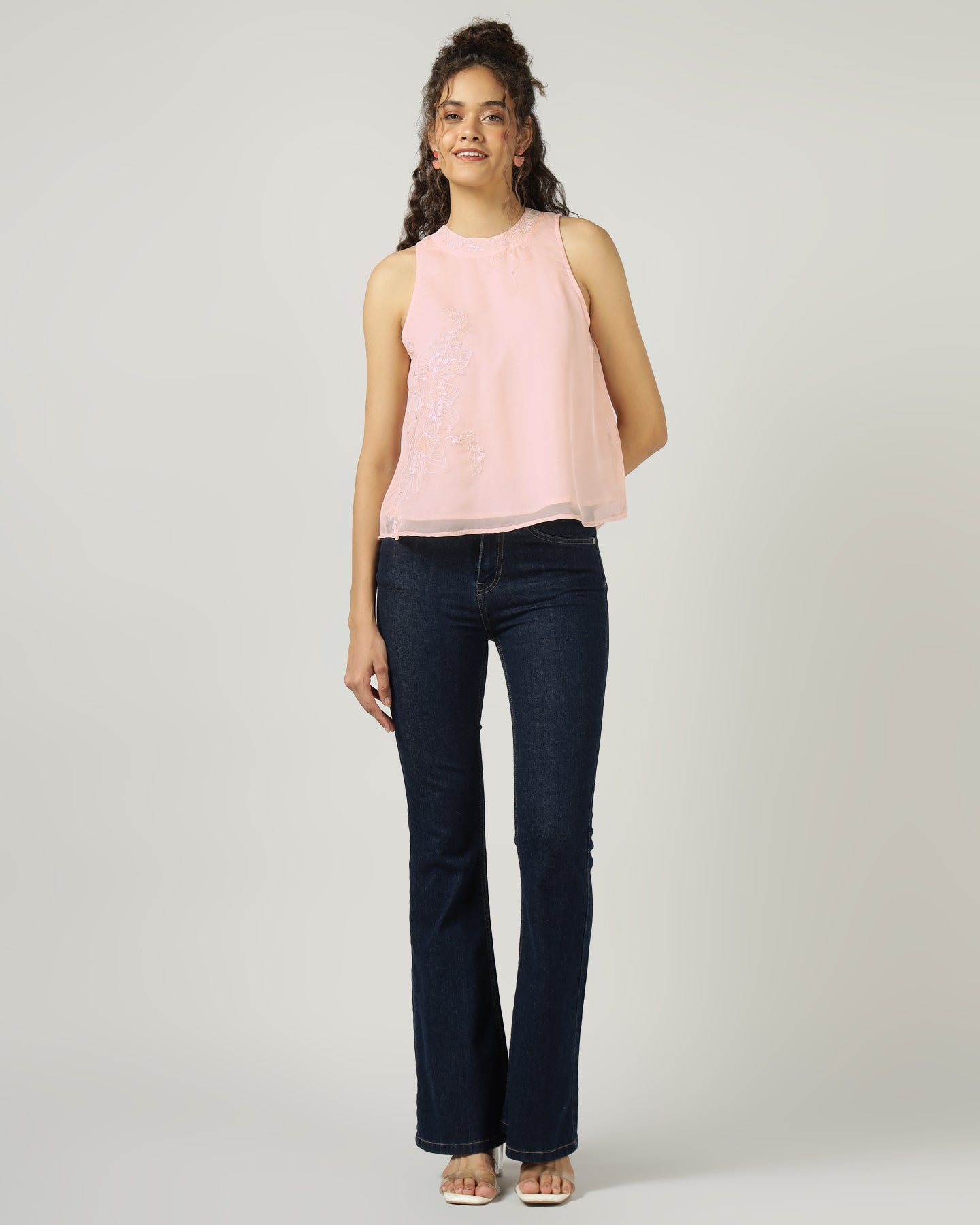 PEACH HALTER NECK ORGANZA TOP WITH FLORAL EMBROIDERY -3055
