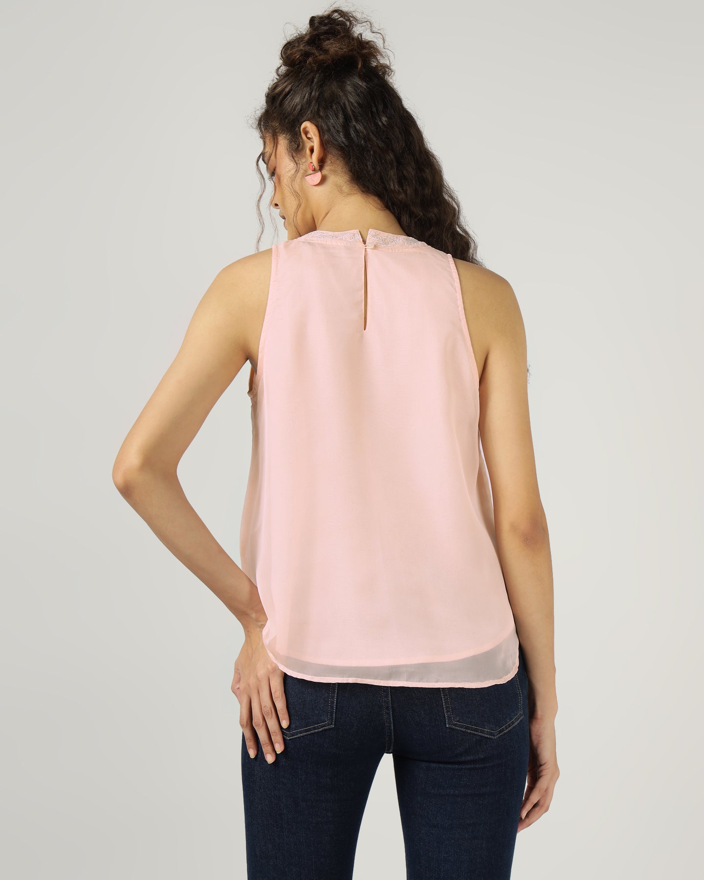 PEACH HALTER NECK ORGANZA TOP WITH FLORAL EMBROIDERY -3055