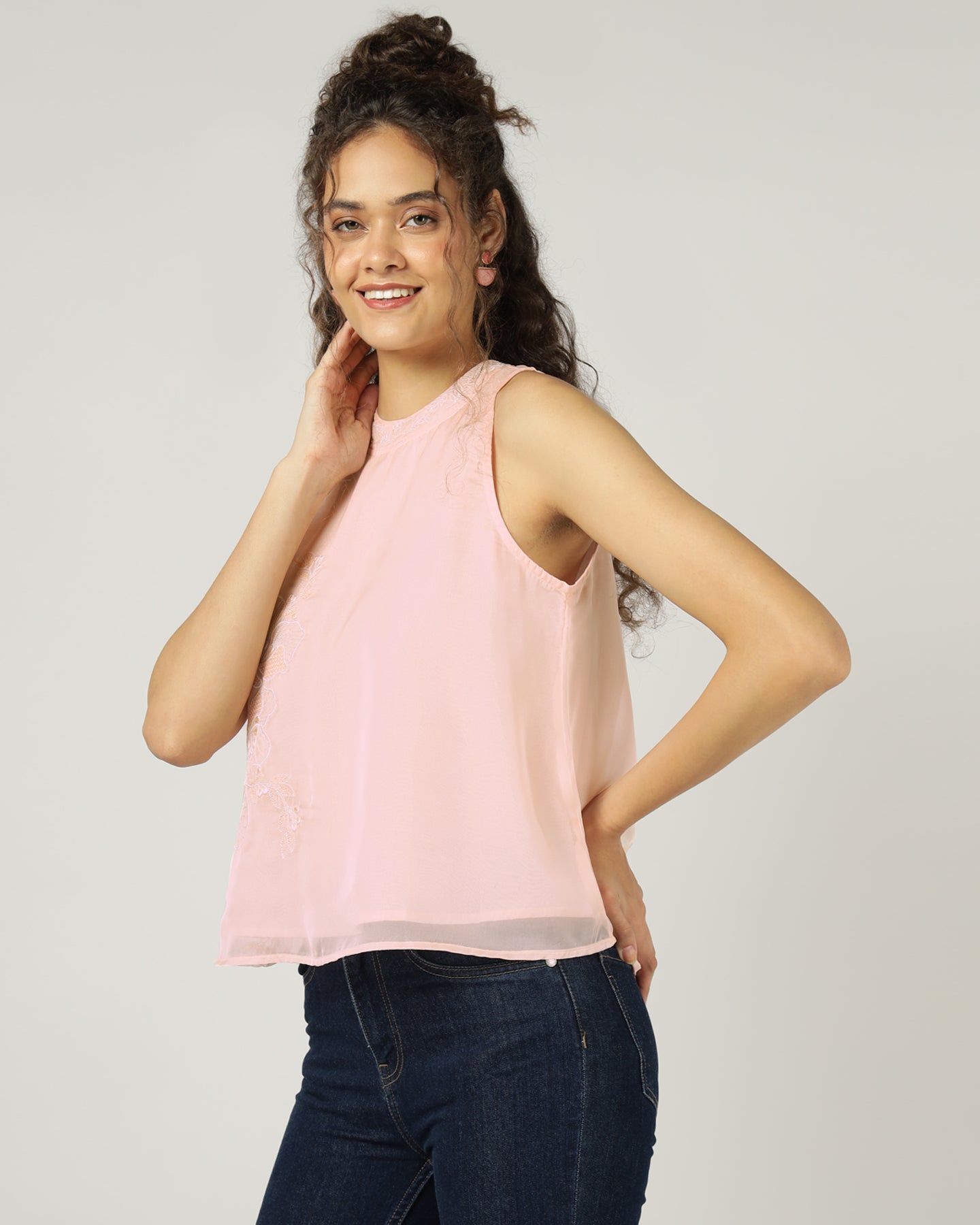 PEACH HALTER NECK ORGANZA TOP WITH FLORAL EMBROIDERY -3055