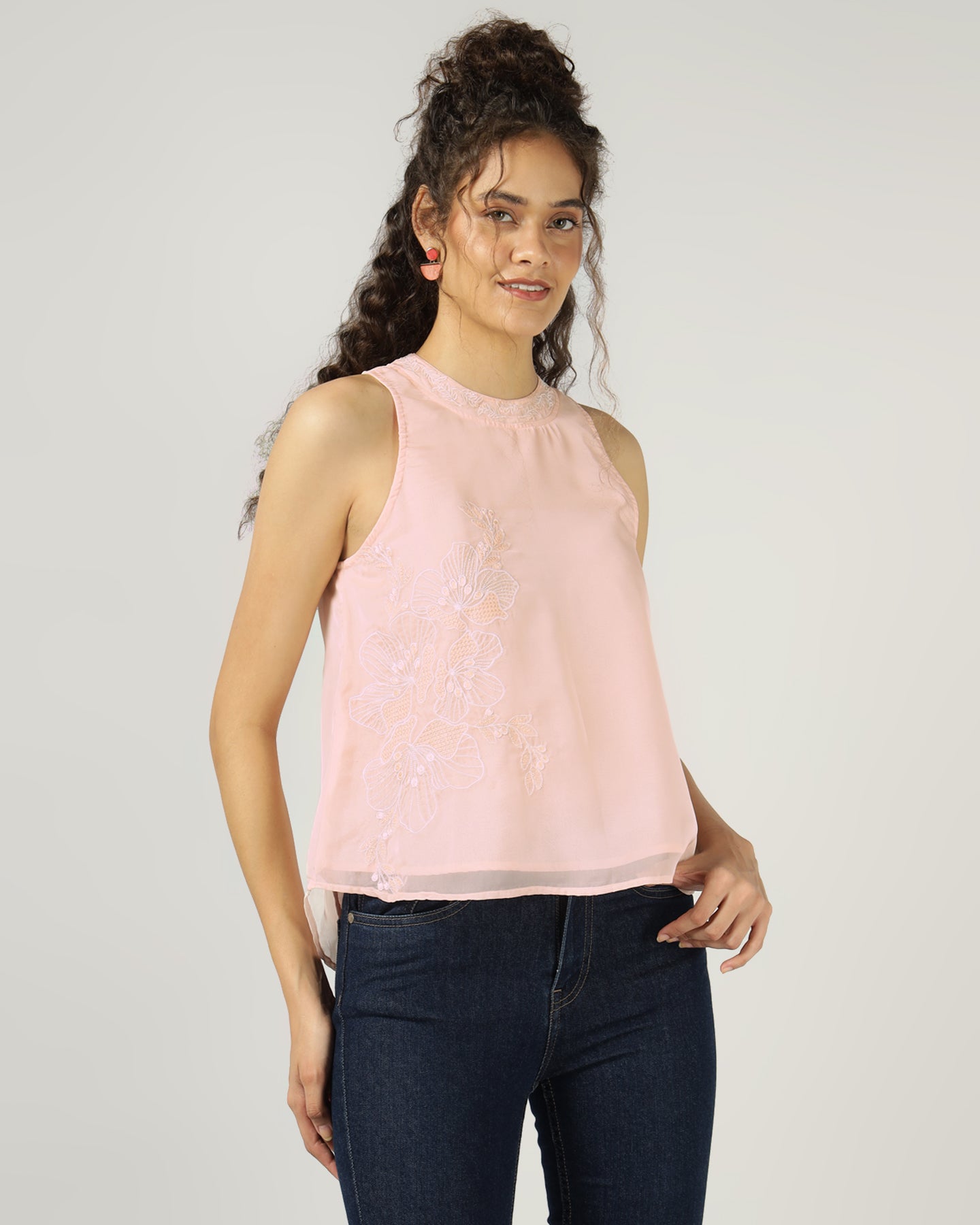 PEACH HALTER NECK ORGANZA TOP WITH FLORAL EMBROIDERY -3055