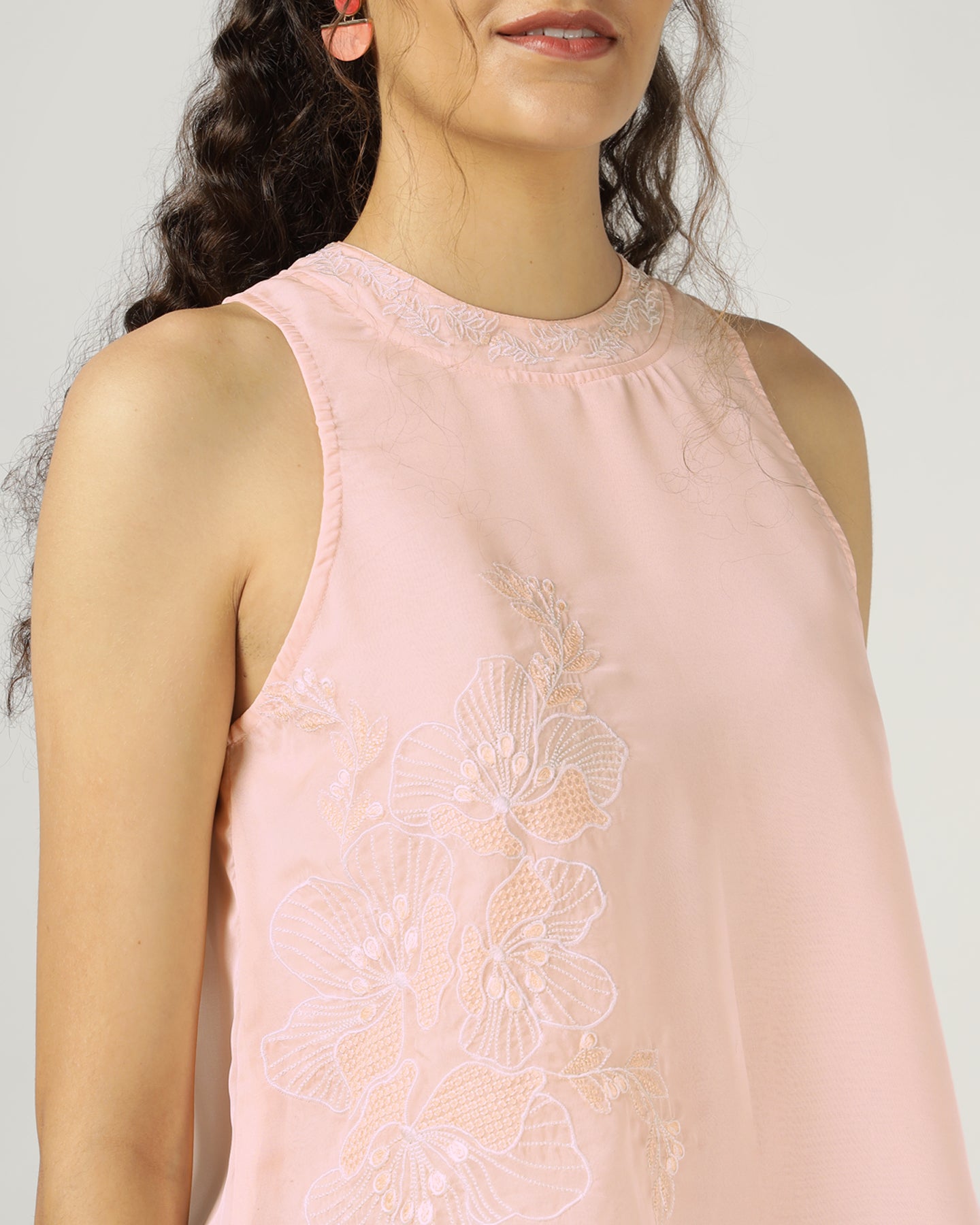 PEACH HALTER NECK ORGANZA TOP WITH FLORAL EMBROIDERY -3055