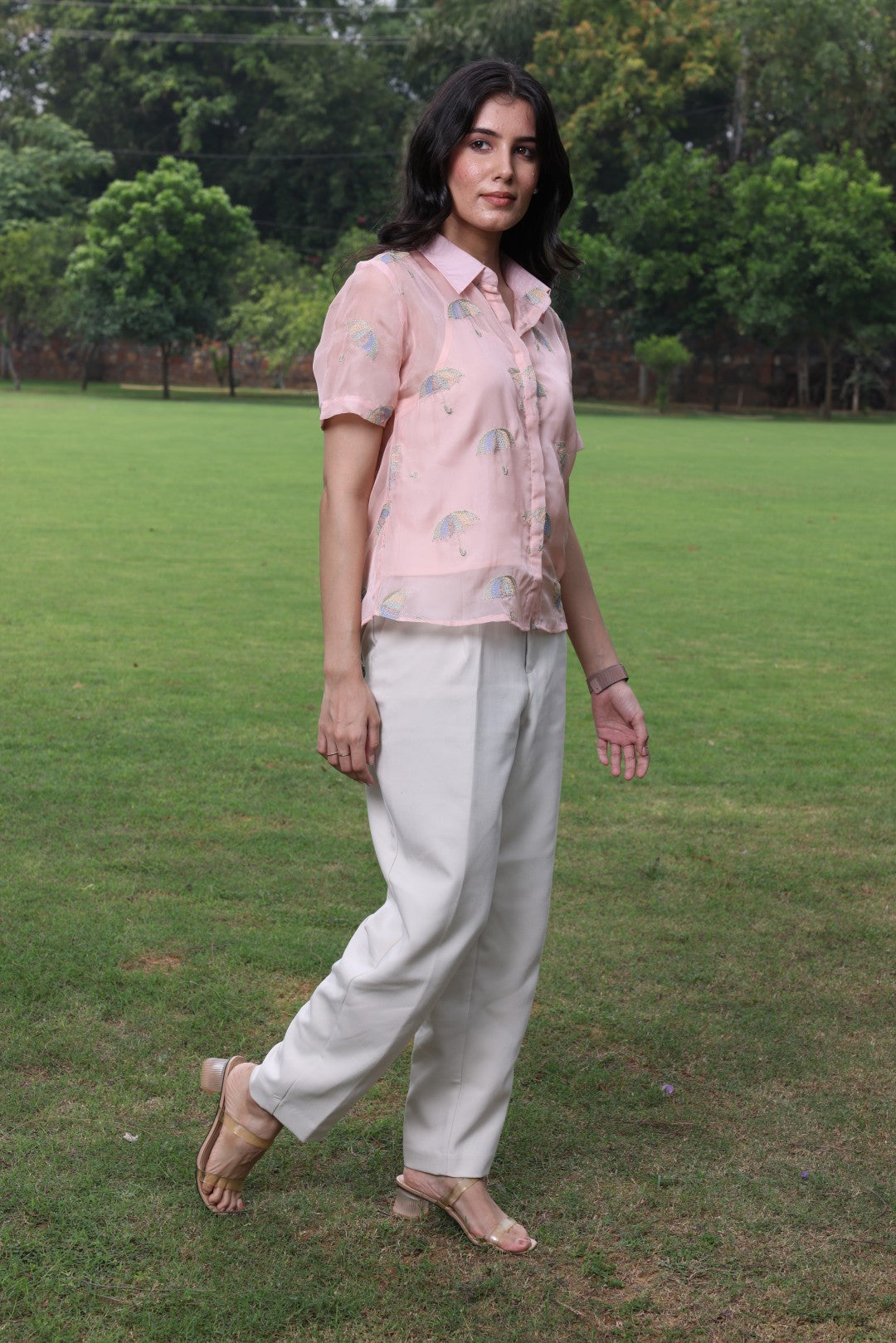Pink umbrella embroidered organza shirt with camisole - 2819