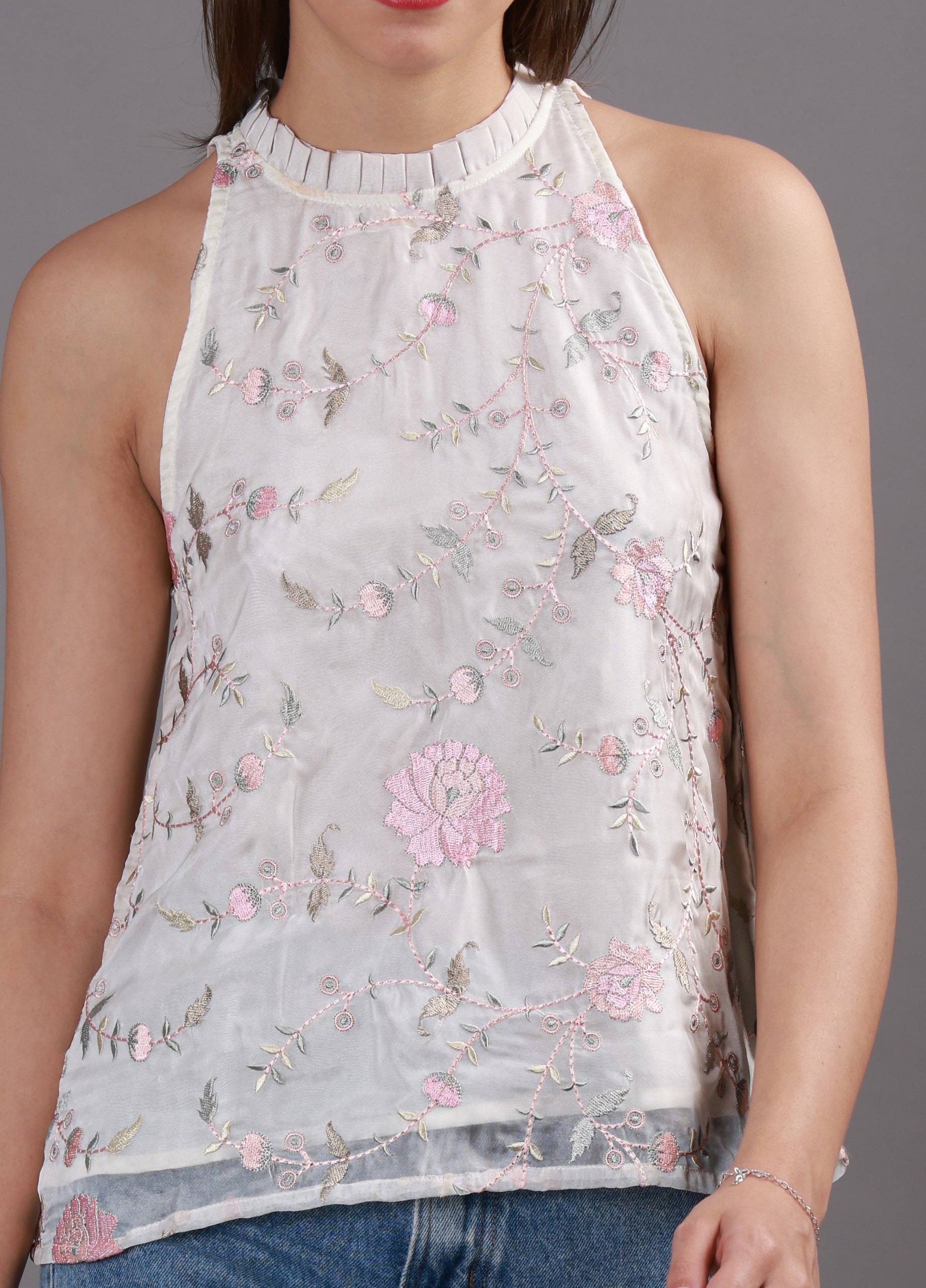 Soft Pink Floral Halter Organza neck top - 2820