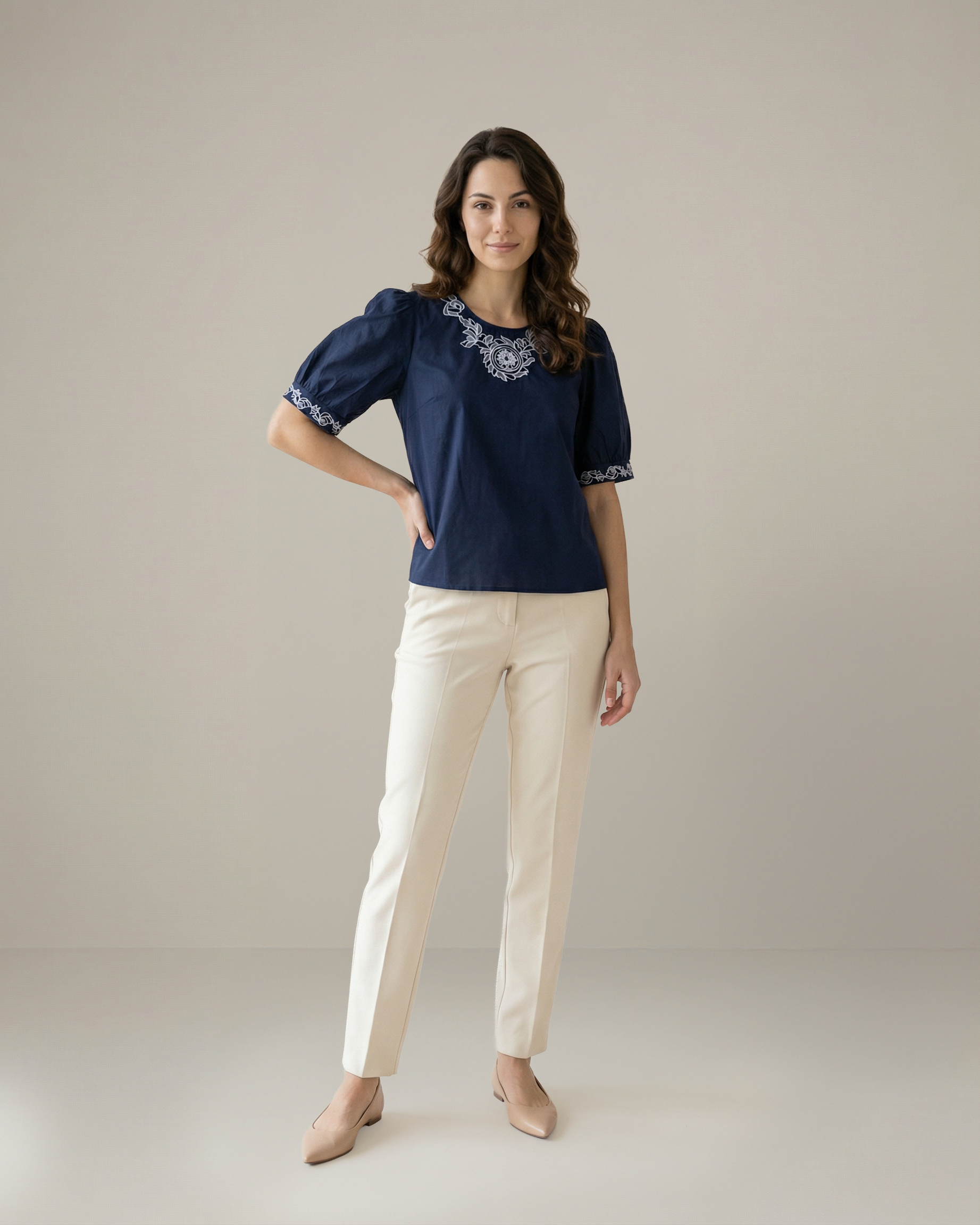 Women’s Embroidered Navy Blue Poplin Regular Fit Top -3106