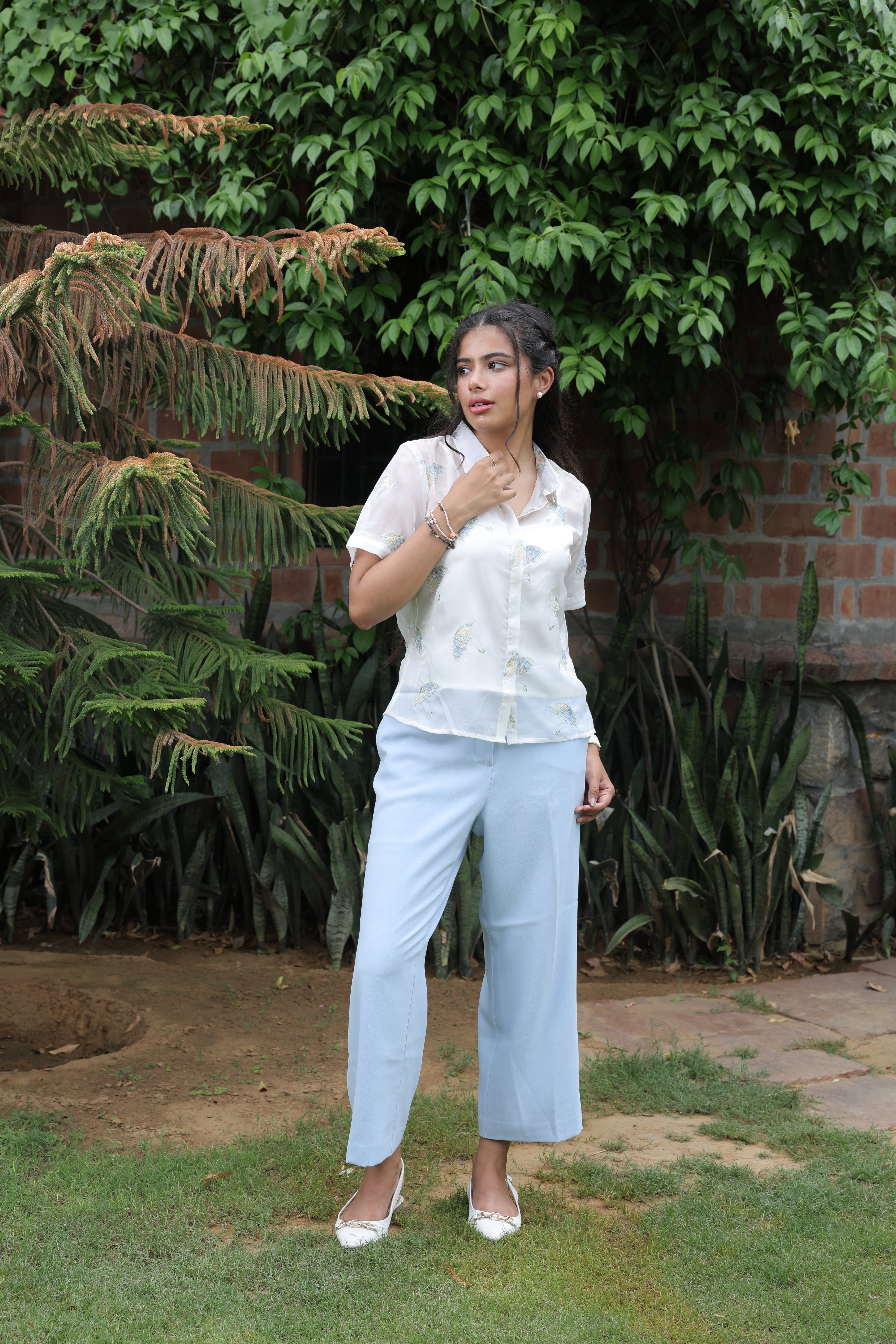 White Umbrella embroidered Organza shirt with Camisole - 2818