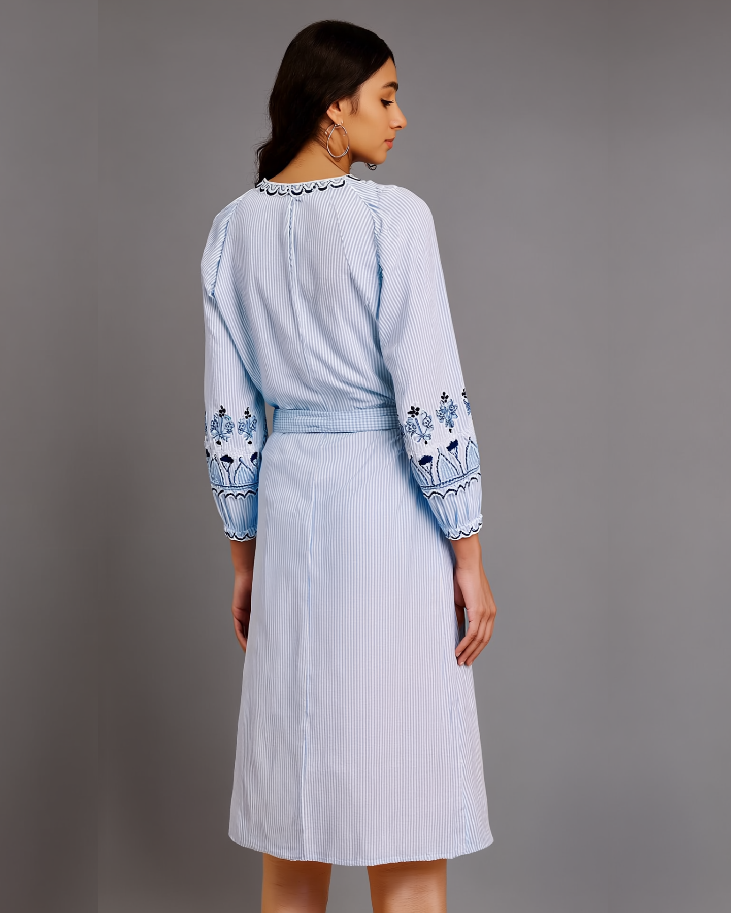 Blue Stripes Embroidered Dress with Detachable Belt - 1571