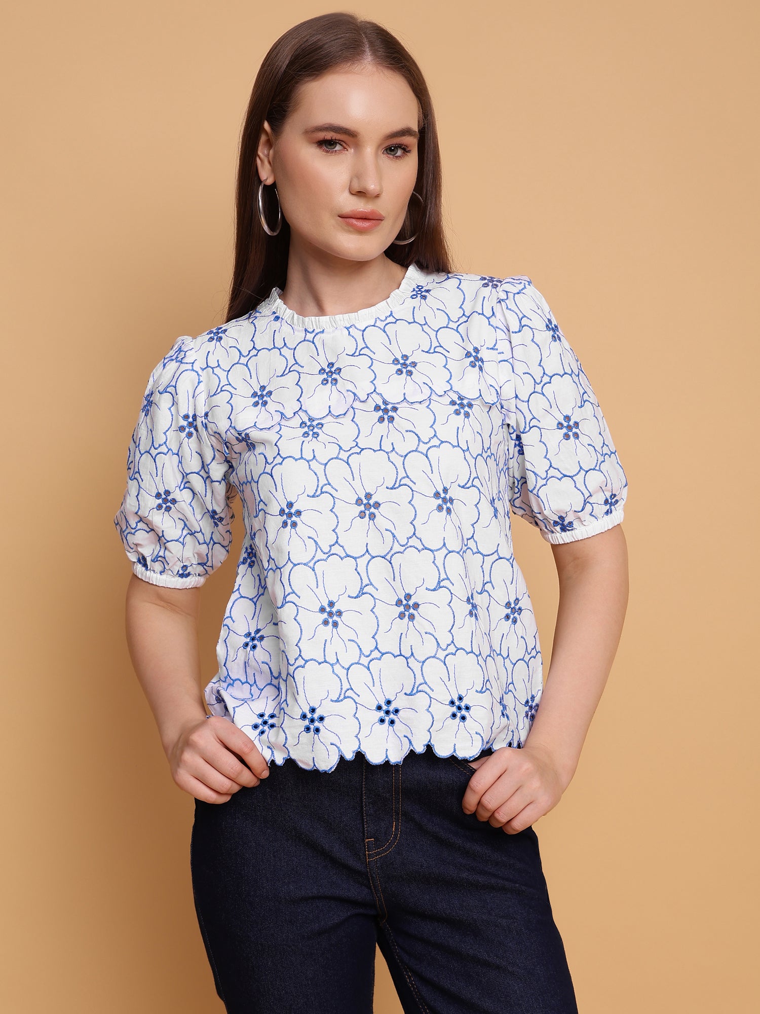 Women’s Embroidered White Schiffli Poplin Regular Fit Top- 1546
