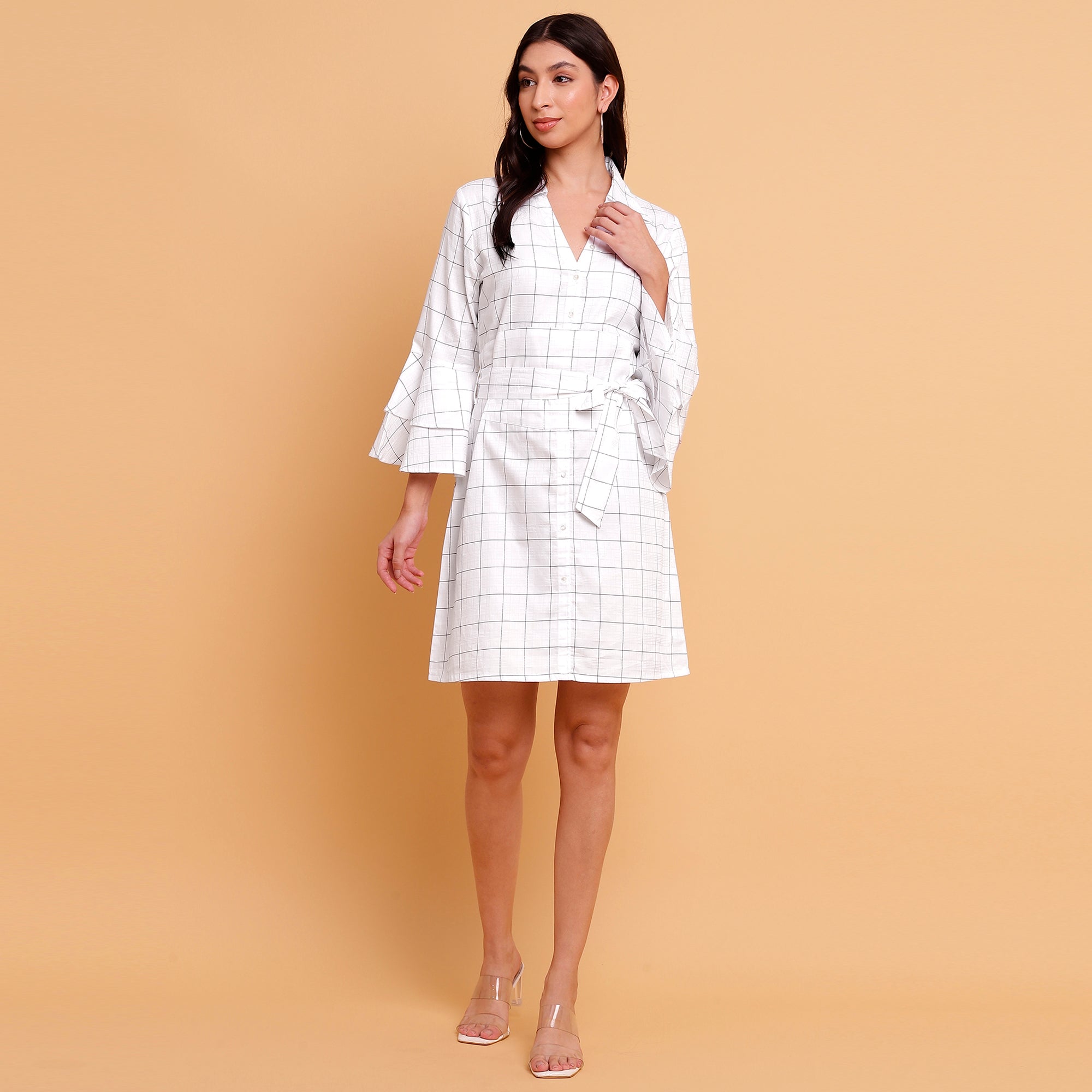 Women’s White Check Shirt Cum Midi Dress with Detachable Belt- 2888
