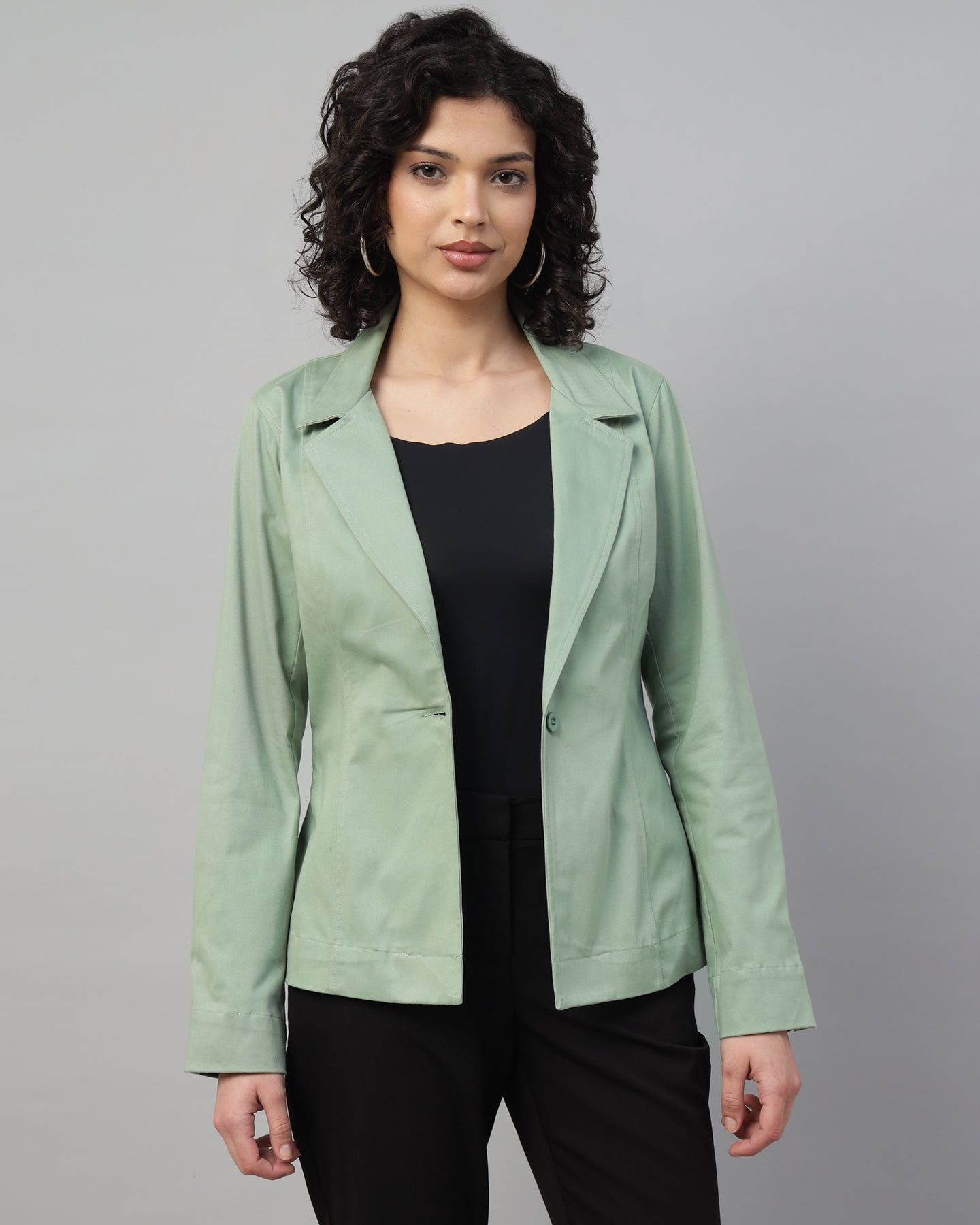 Women’s Pastel Green Notched Lapel Blazer – Long Sleeve, Regular Fit, Single-Breasted-2950
