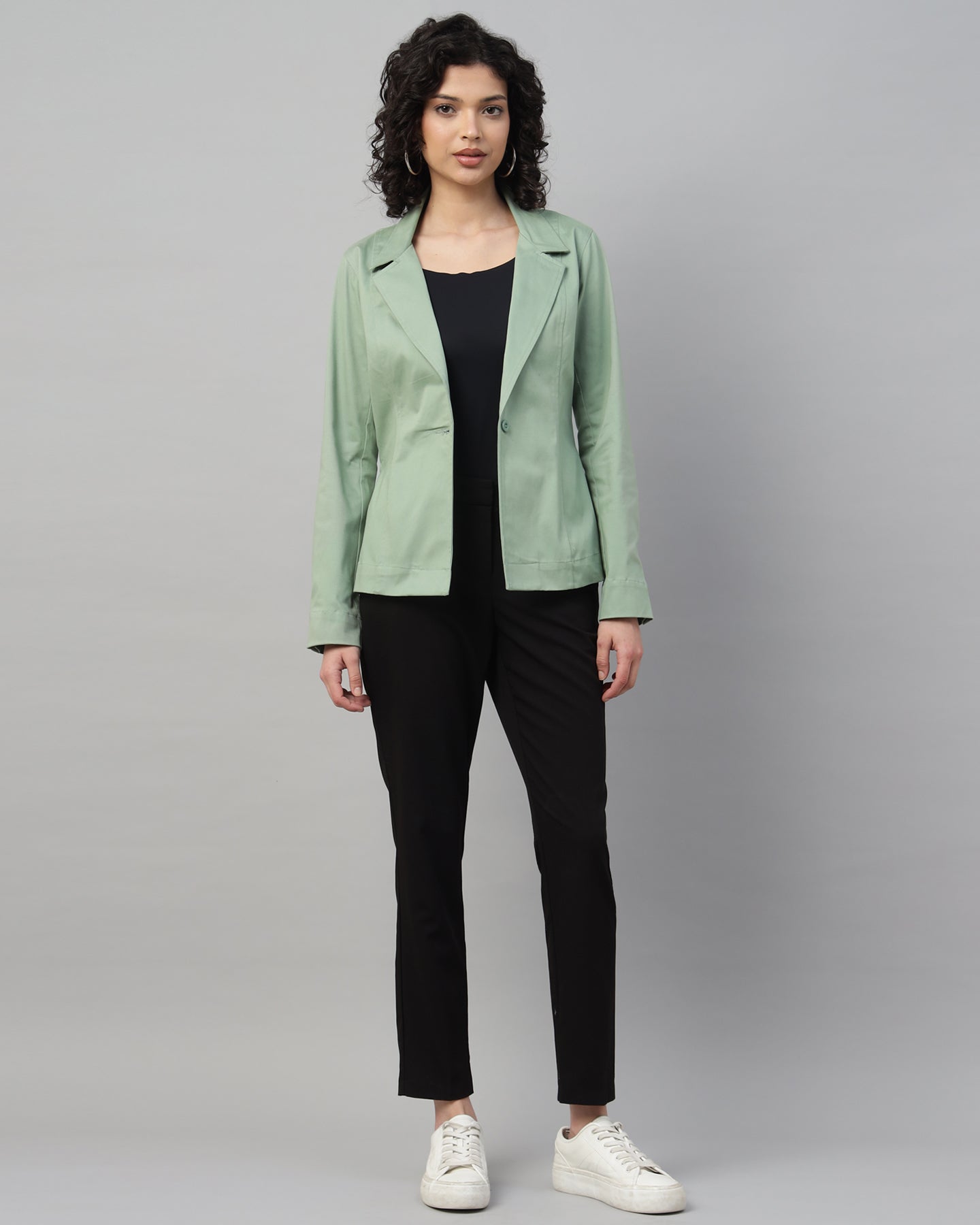 Women’s Pastel Green Notched Lapel Blazer – Long Sleeve, Regular Fit, Single-Breasted-2950