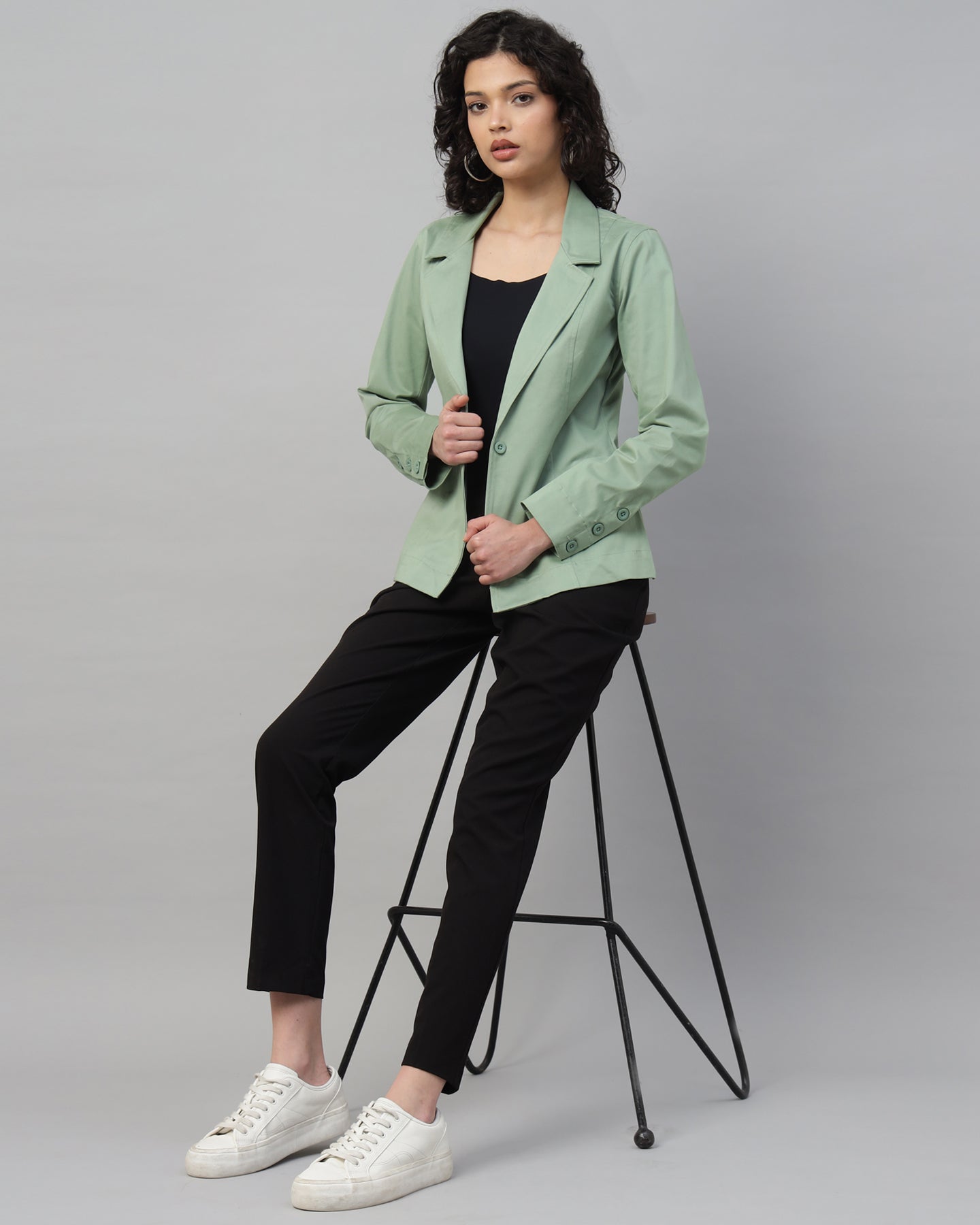 Women’s Pastel Green Notched Lapel Blazer – Long Sleeve, Regular Fit, Single-Breasted-2950