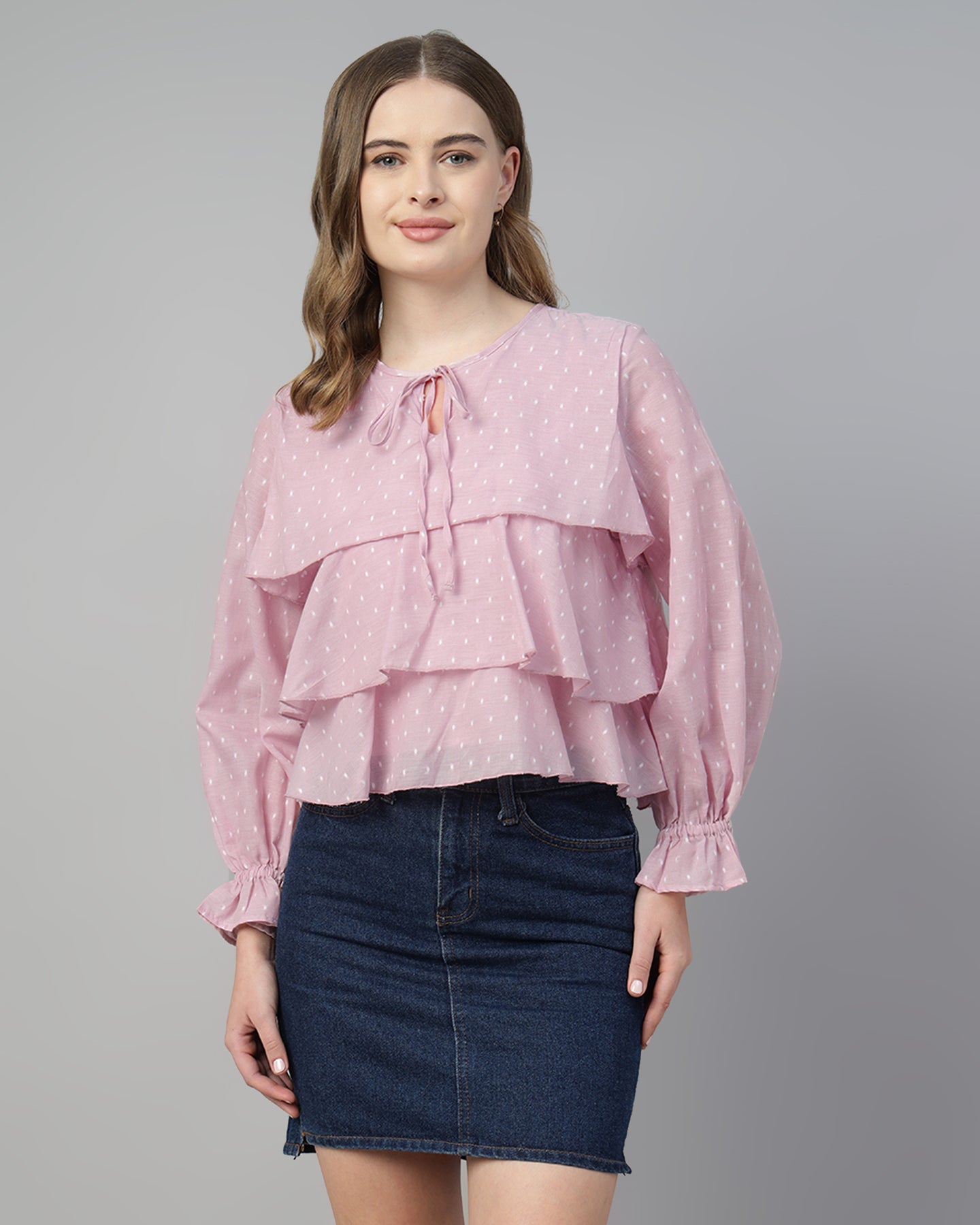 Women’s Pastel Pink Dobby Ruffled Tie-Up Top - 2968