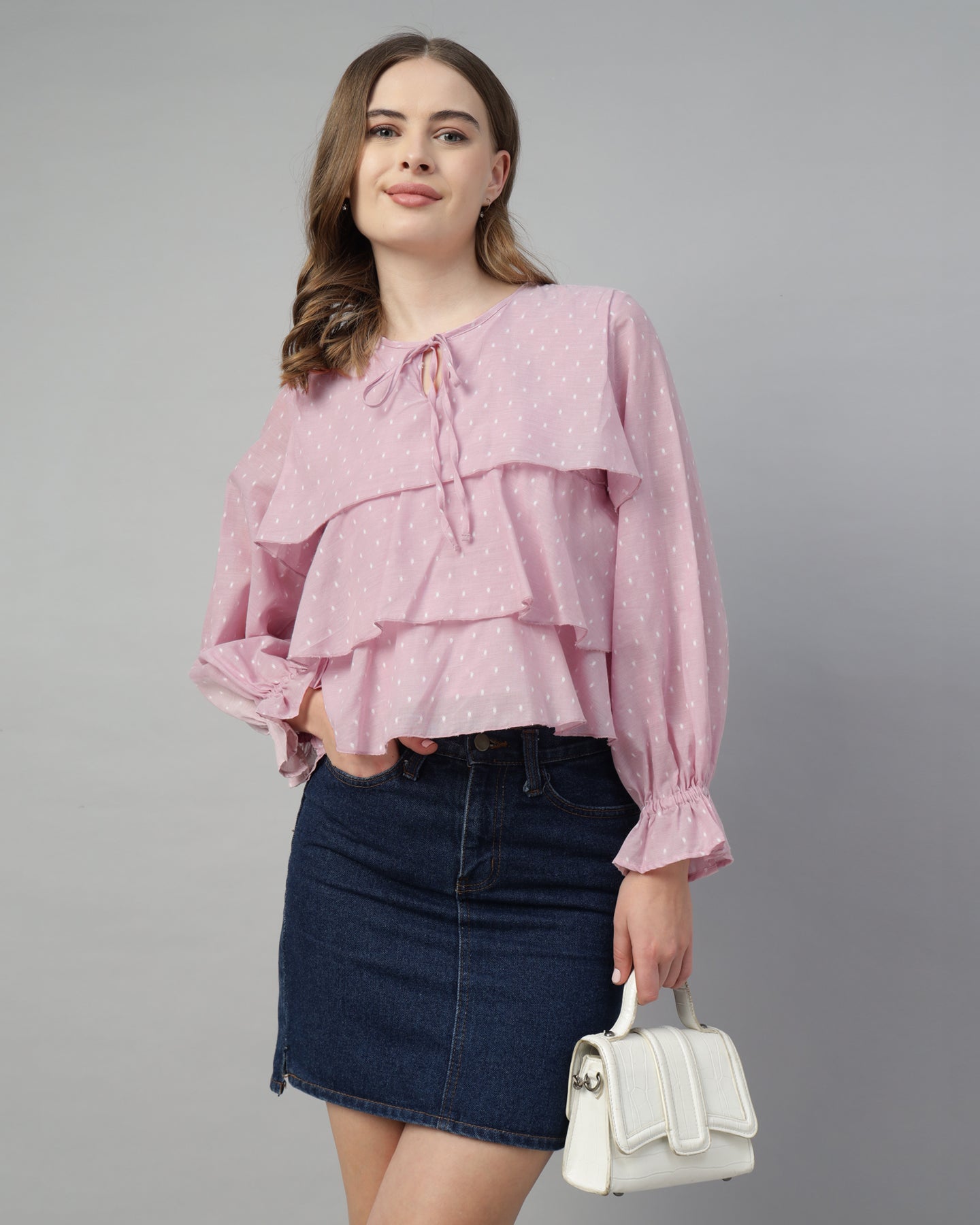 Women’s Pastel Pink Dobby Ruffled Tie-Up Top - 2968