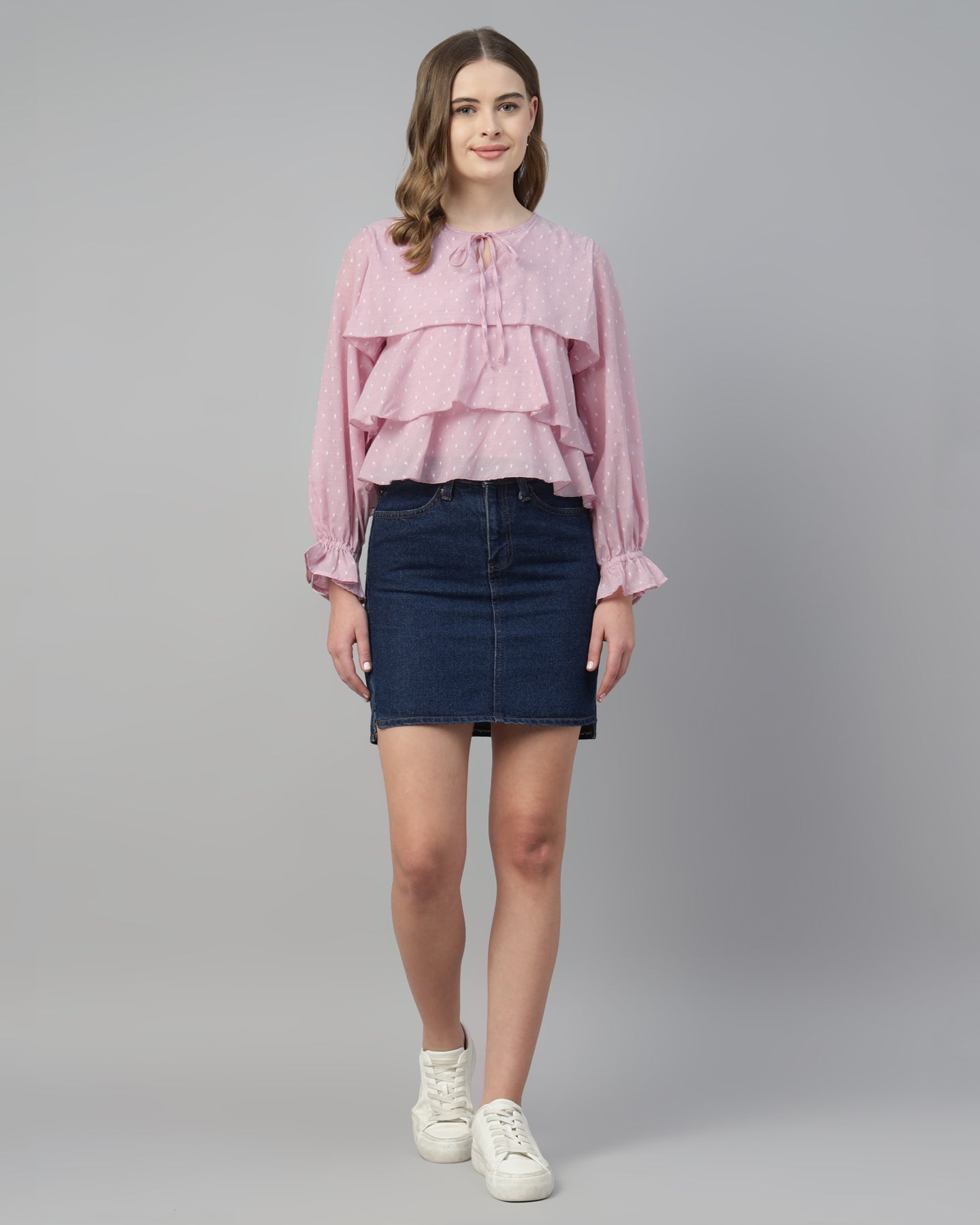 Women’s Pastel Pink Dobby Ruffled Tie-Up Top - 2968