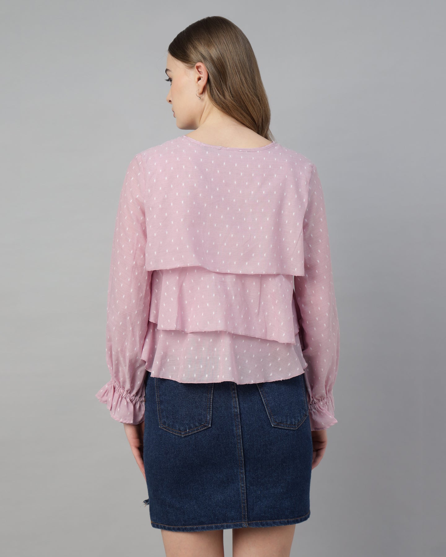 Women’s Pastel Pink Dobby Ruffled Tie-Up Top - 2968
