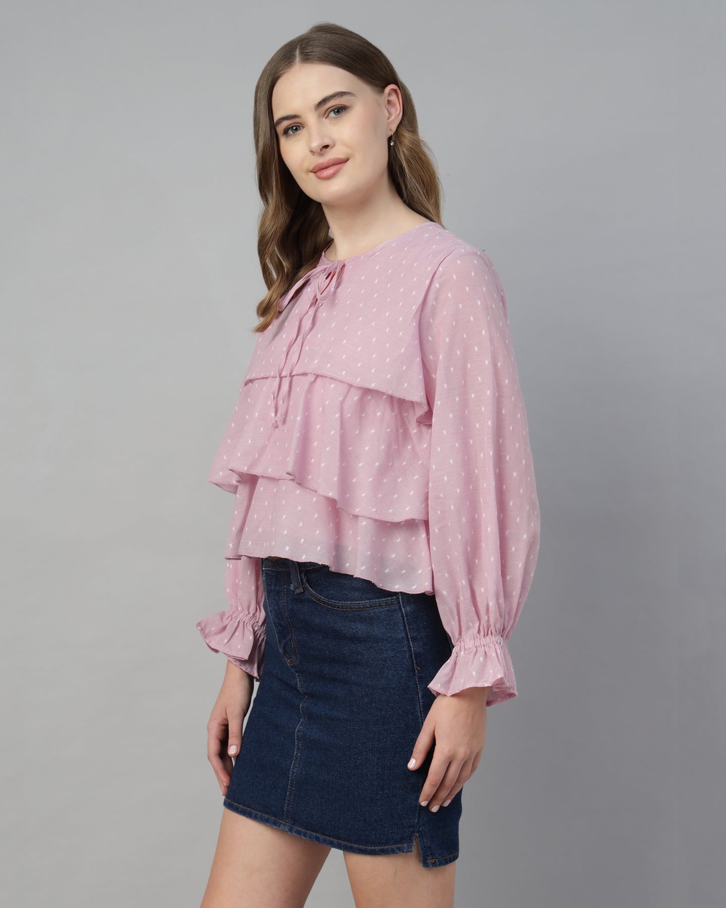 Women’s Pastel Pink Dobby Ruffled Tie-Up Top - 2968