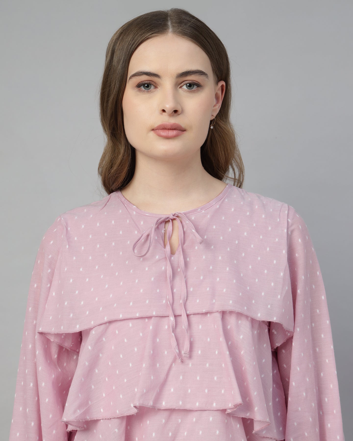 Women’s Pastel Pink Dobby Ruffled Tie-Up Top - 2968