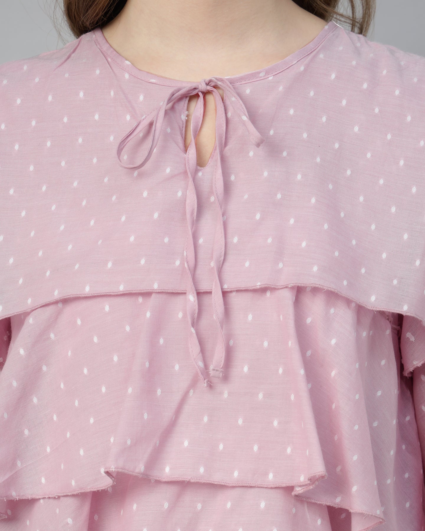 Women’s Pastel Pink Dobby Ruffled Tie-Up Top - 2968