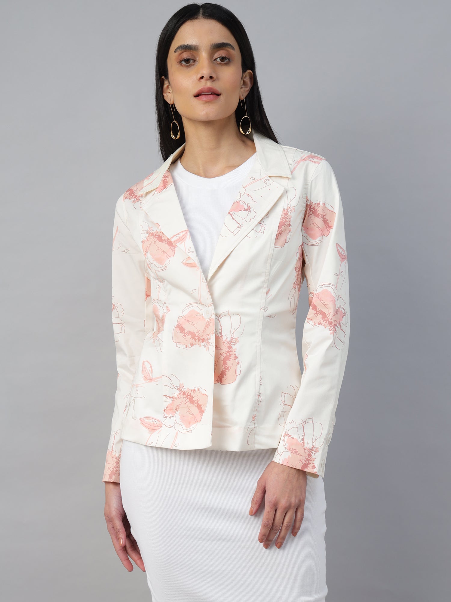 Women’s Off-white printed Notched Lapel Blazer – Long Sleeve, Regular Fit, Single-Breasted -2956