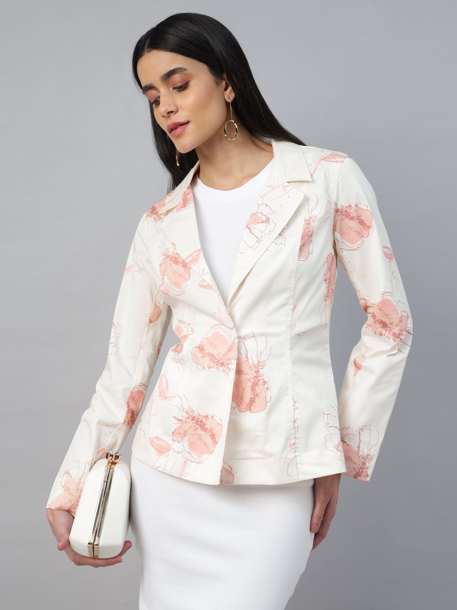 Women’s Off-white printed Notched Lapel Blazer – Long Sleeve, Regular Fit, Single-Breasted -2956