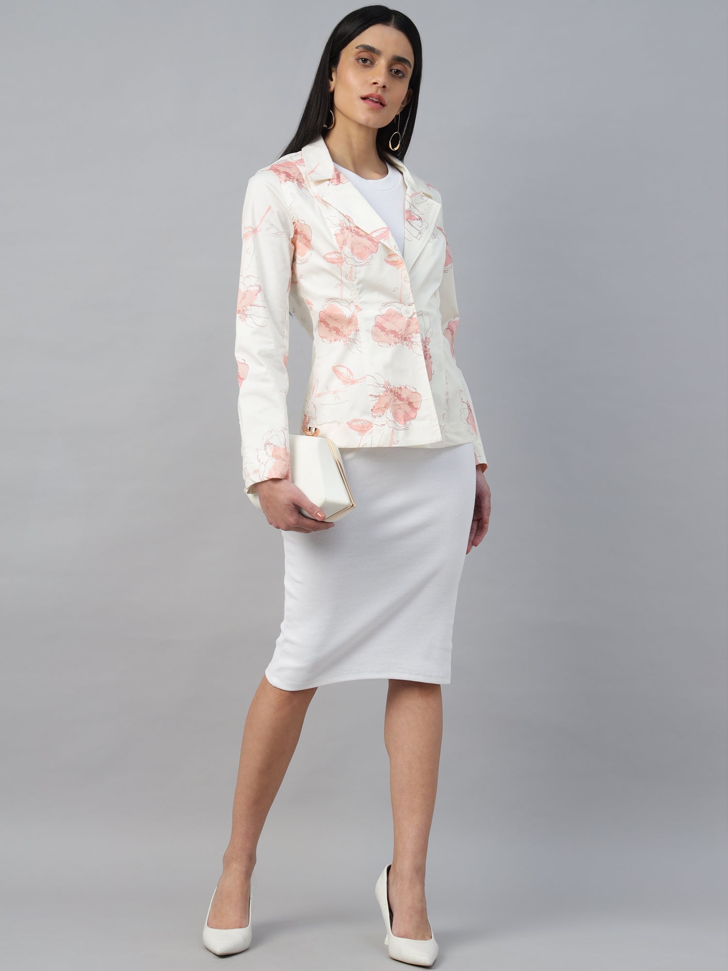 Women’s Off-white printed Notched Lapel Blazer – Long Sleeve, Regular Fit, Single-Breasted -2956