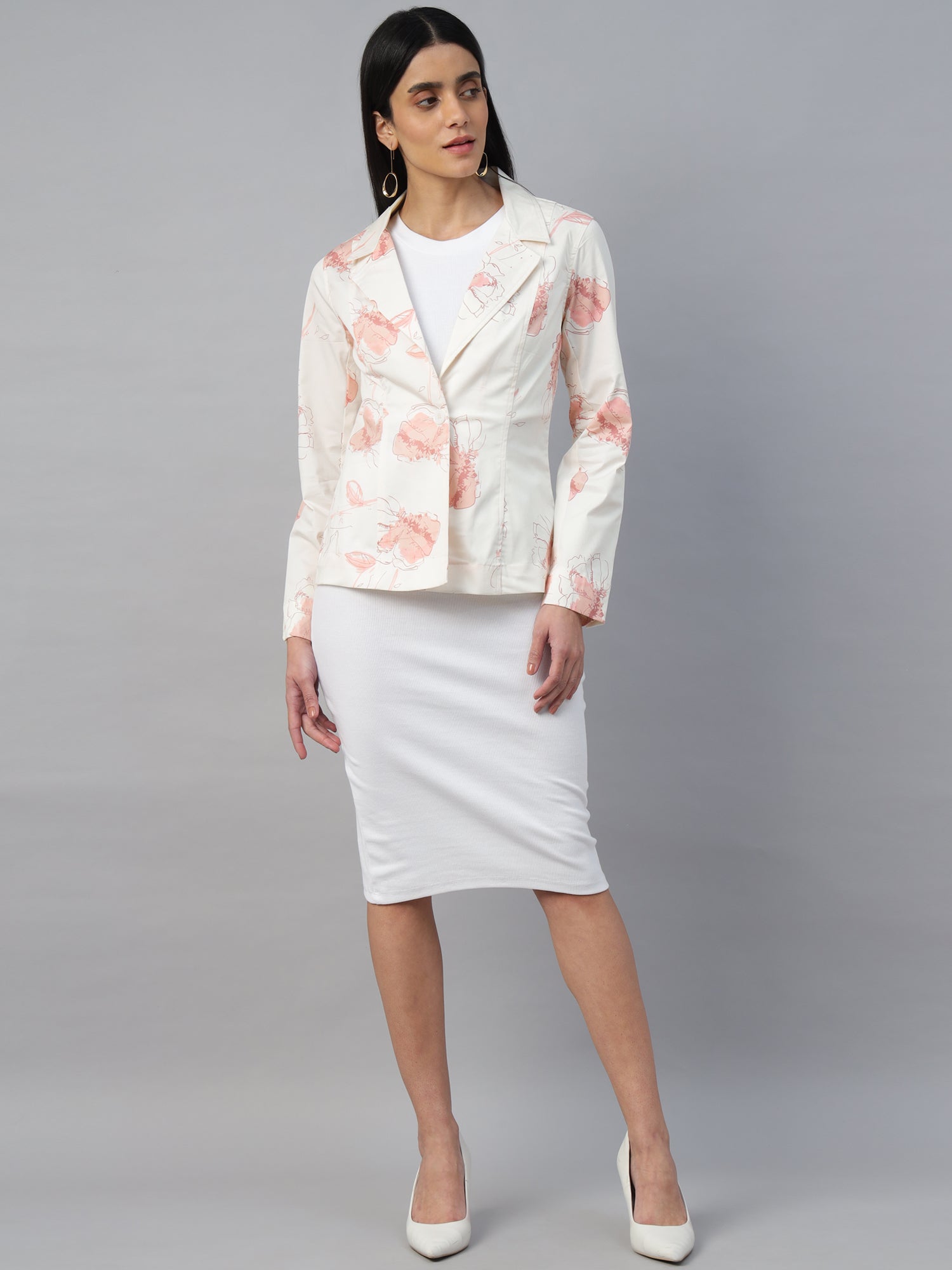 Women’s Off-white printed Notched Lapel Blazer – Long Sleeve, Regular Fit, Single-Breasted -2956