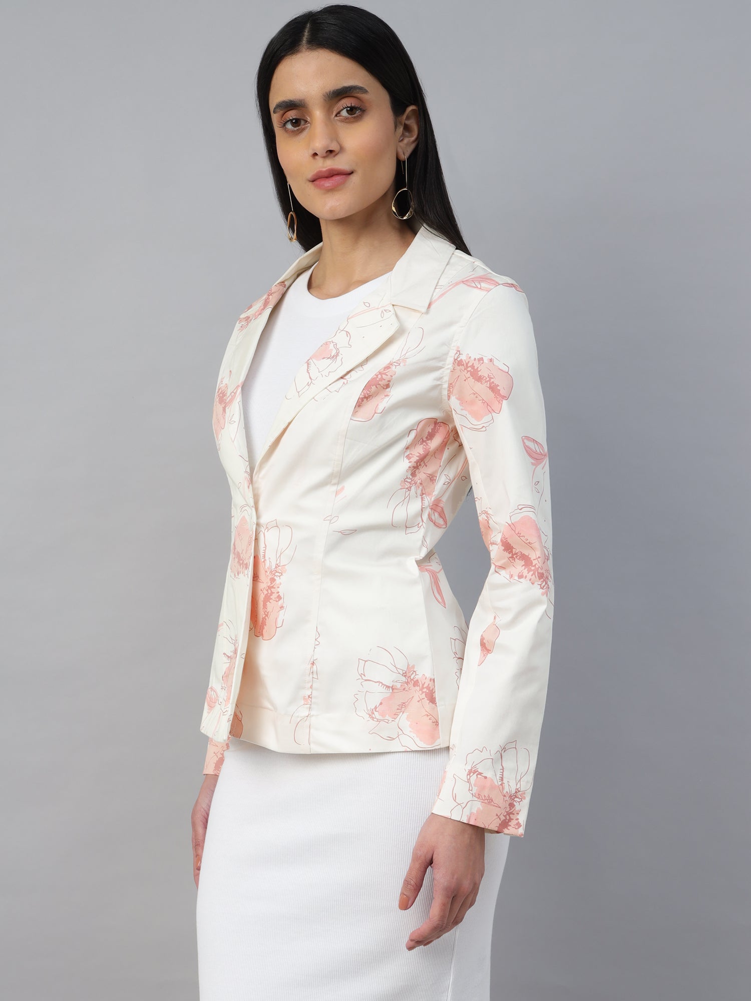 Women’s Off-white printed Notched Lapel Blazer – Long Sleeve, Regular Fit, Single-Breasted -2956