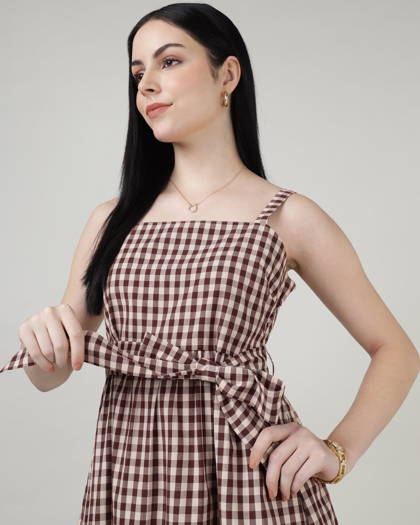 Women’s Maroon Check Strap A-Line Midi Dress- 2985