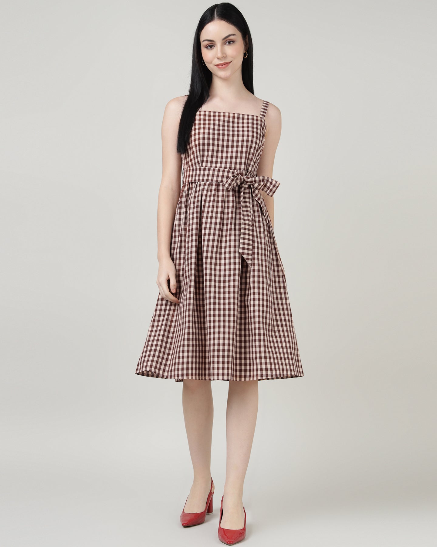 Women’s Maroon Check Strap A-Line Midi Dress- 2985