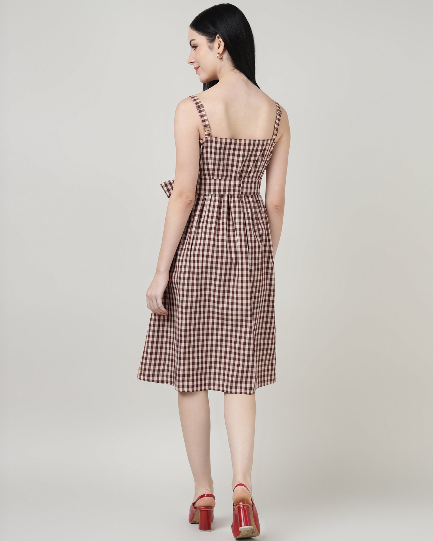Women’s Maroon Check Strap A-Line Midi Dress- 2985
