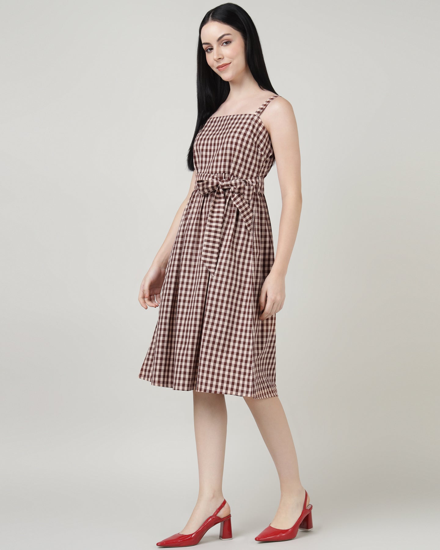 Women’s Maroon Check Strap A-Line Midi Dress- 2985