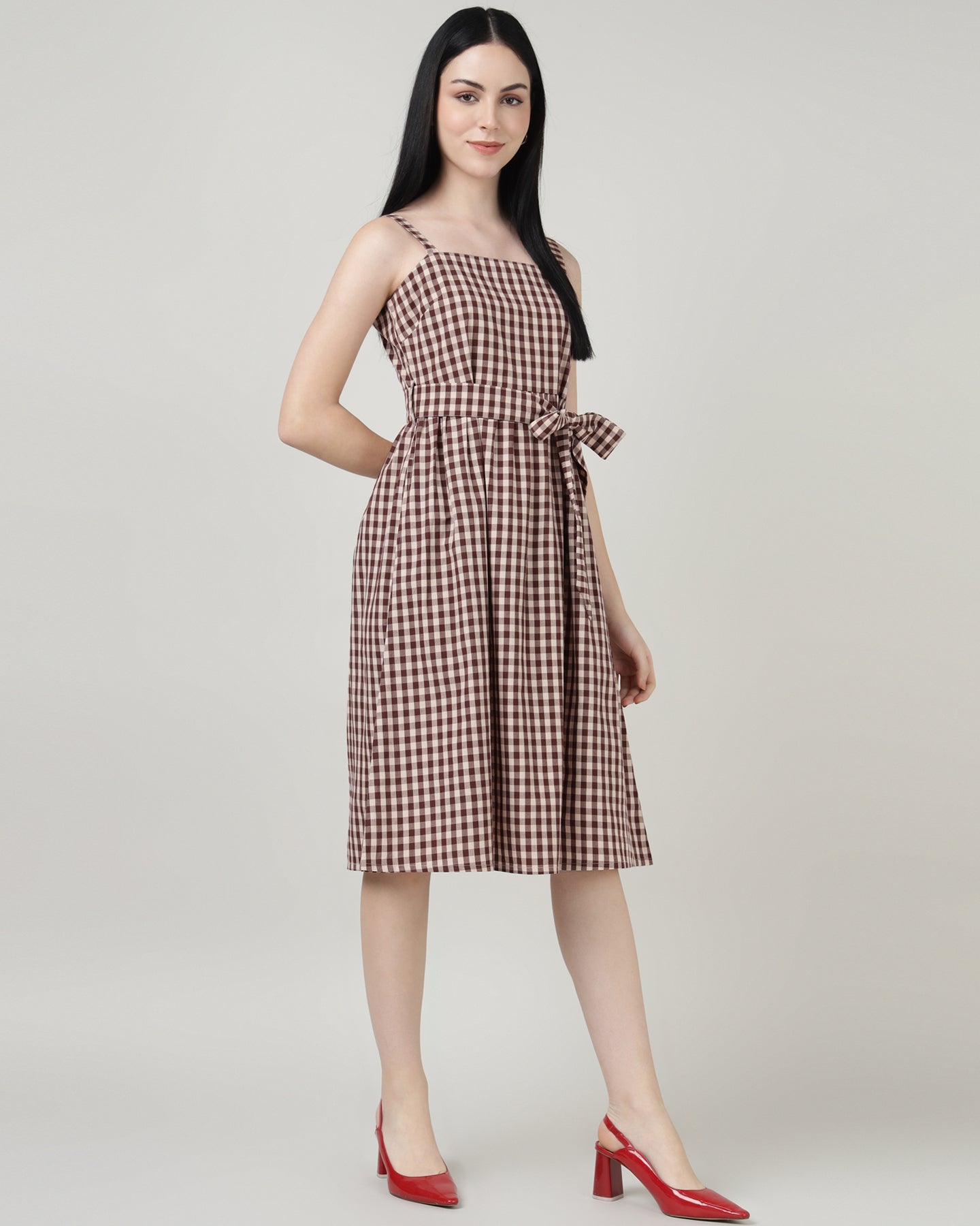 Women’s Maroon Check Strap A-Line Midi Dress- 2985