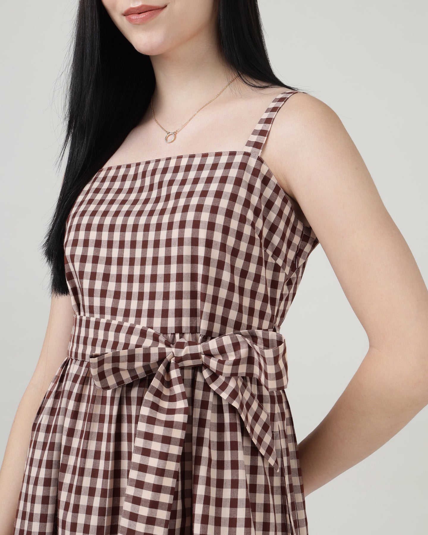 Women’s Maroon Check Strap A-Line Midi Dress- 2985
