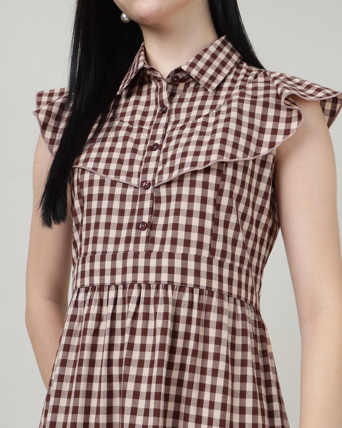 Women’s Maroon Gingham Maxi Dress with 4-Tier Long Double Collar- 2984
