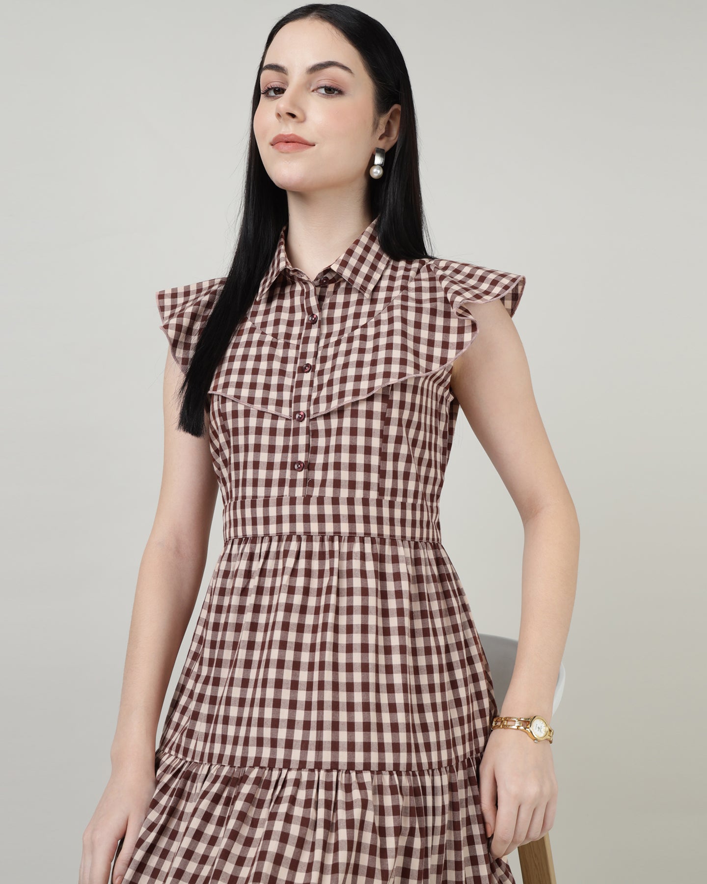 Women’s Maroon Gingham Maxi Dress with 4-Tier Long Double Collar- 2984