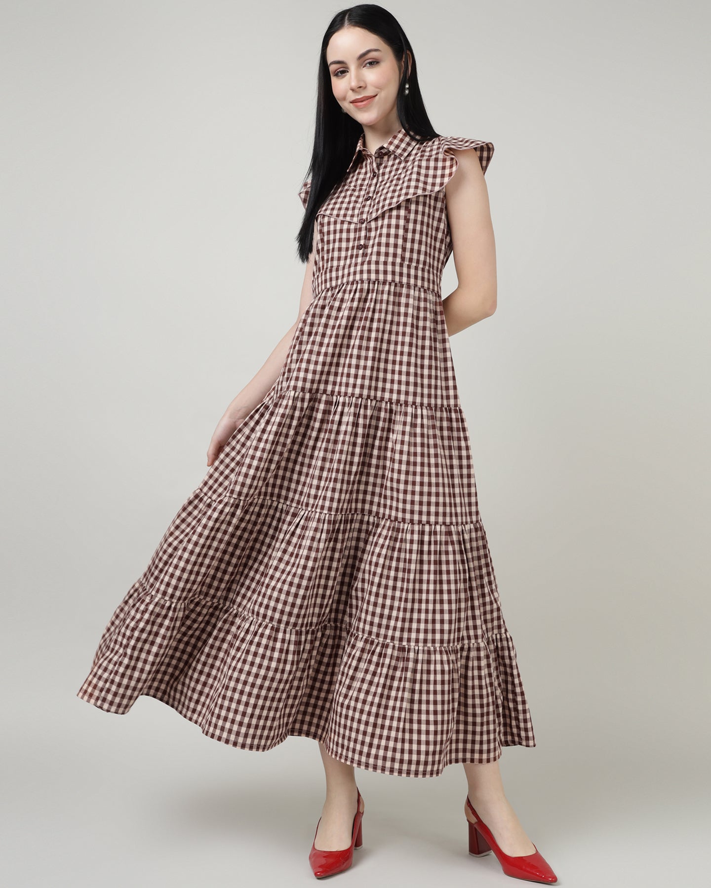 Women’s Maroon Gingham Maxi Dress with 4-Tier Long Double Collar- 2984