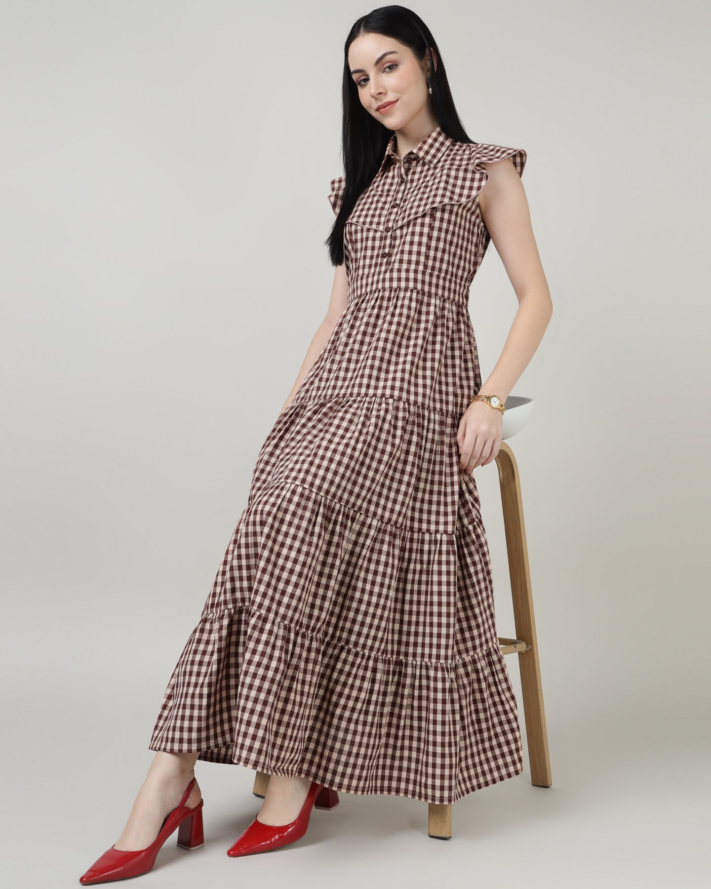 Women’s Maroon Gingham Maxi Dress with 4-Tier Long Double Collar- 2984