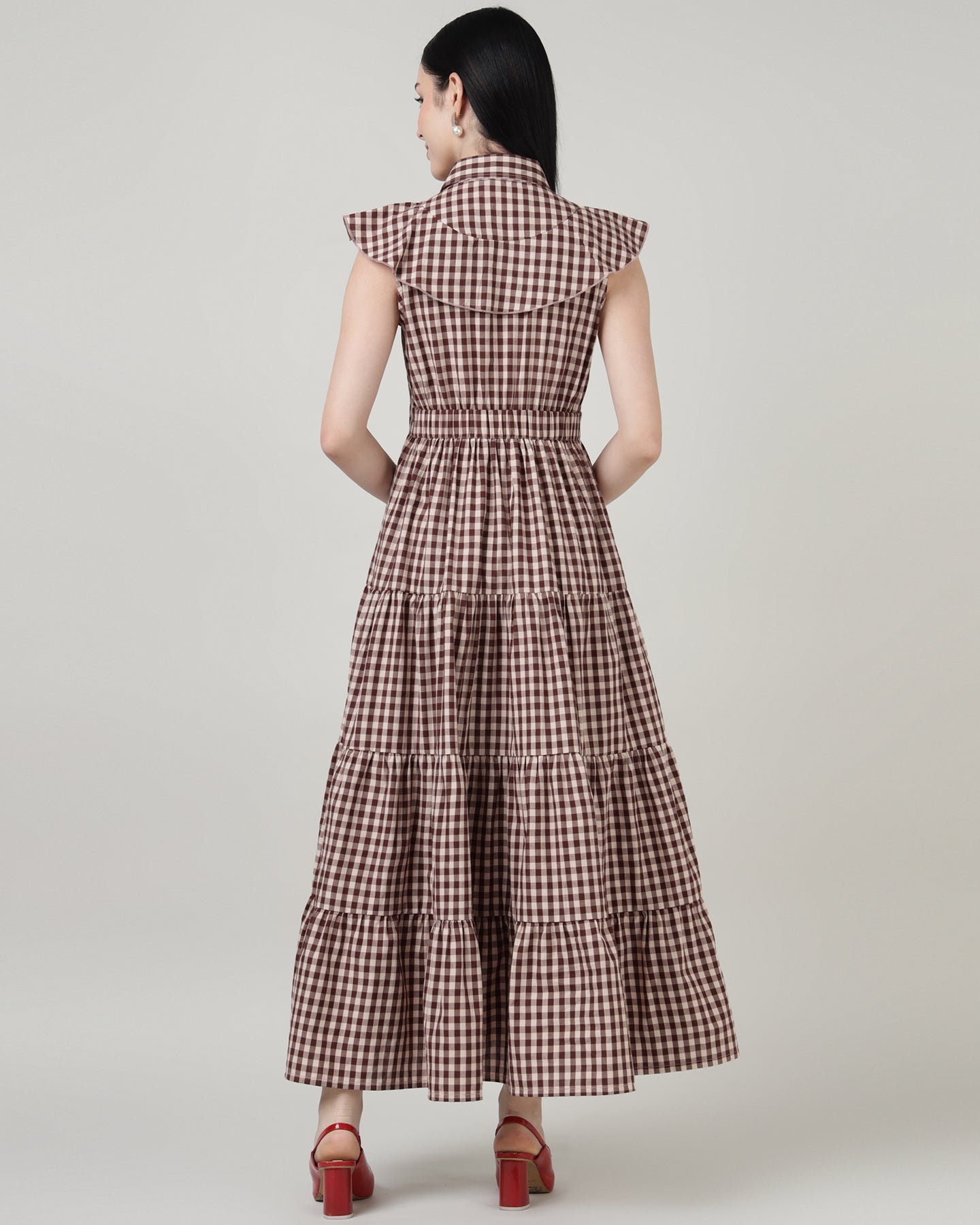 Women’s Maroon Gingham Maxi Dress with 4-Tier Long Double Collar- 2984