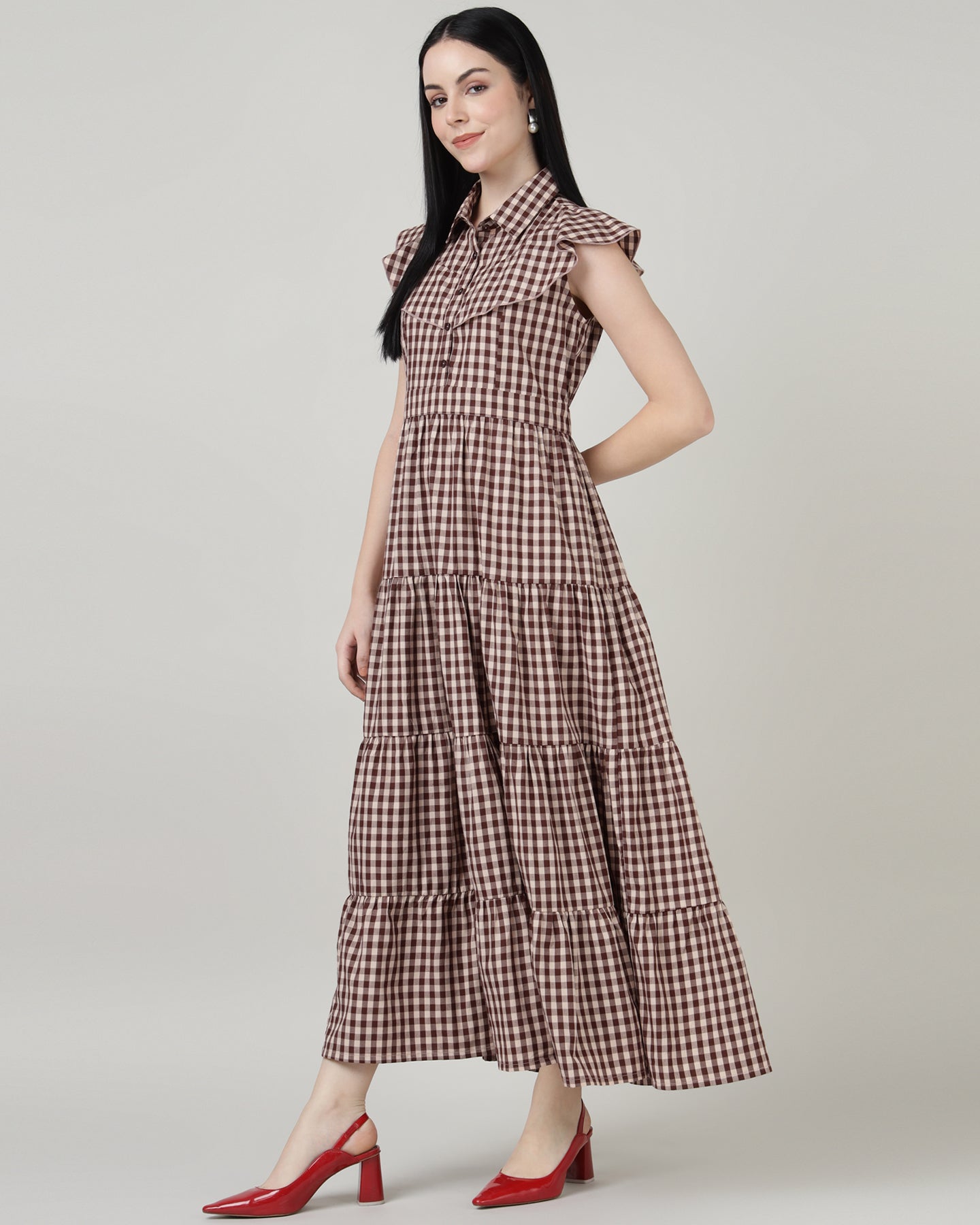 Women’s Maroon Gingham Maxi Dress with 4-Tier Long Double Collar- 2984