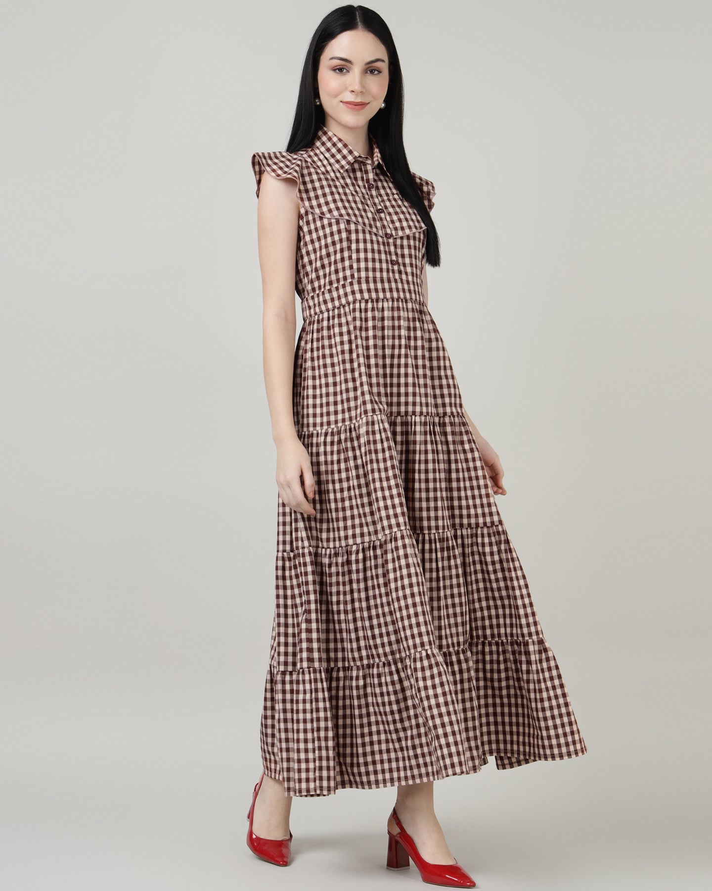 Women’s Maroon Gingham Maxi Dress with 4-Tier Long Double Collar- 2984